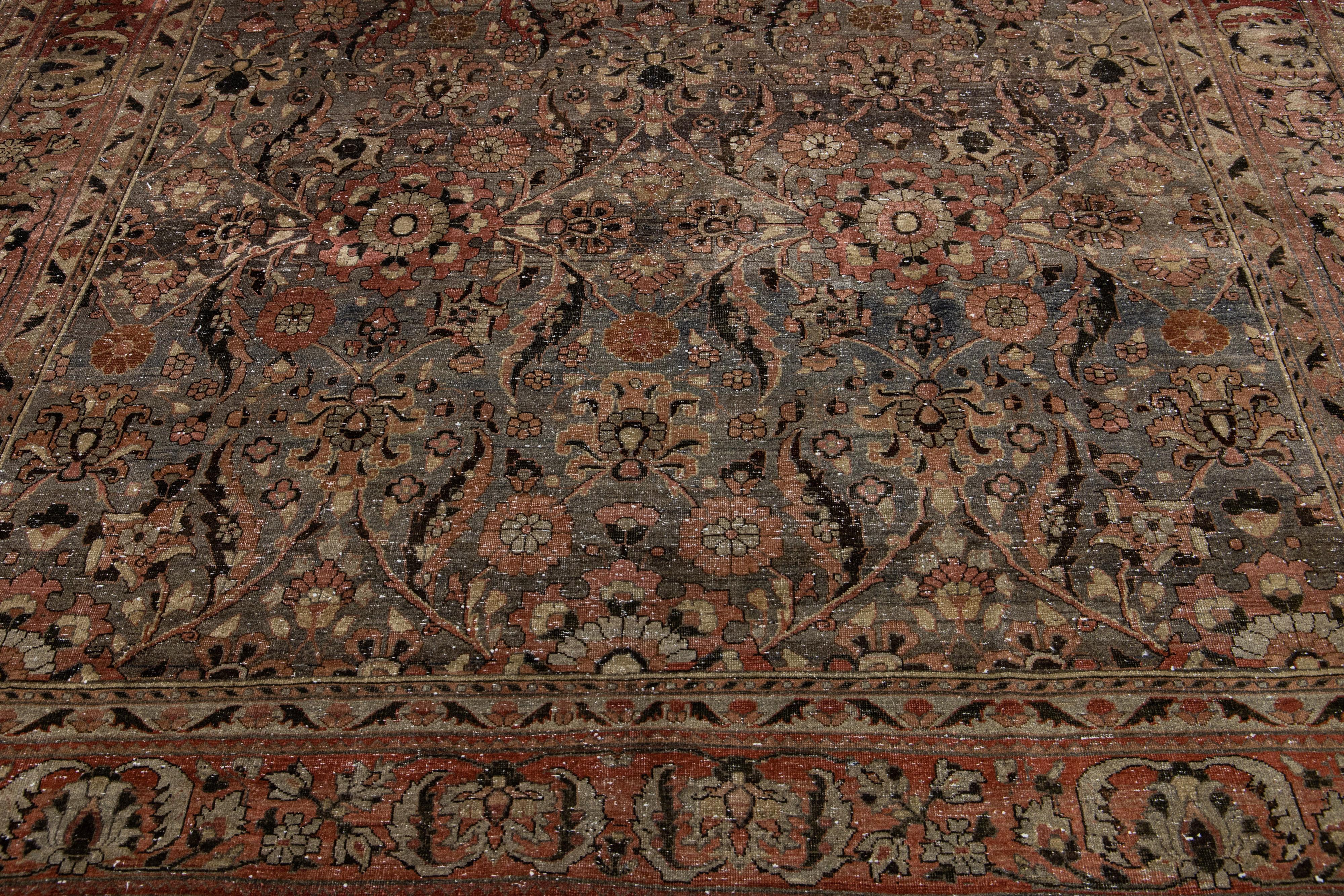 Dark Gray Antique Malayer Persian Gallery Wool Rug with Floral Design For Sale 1