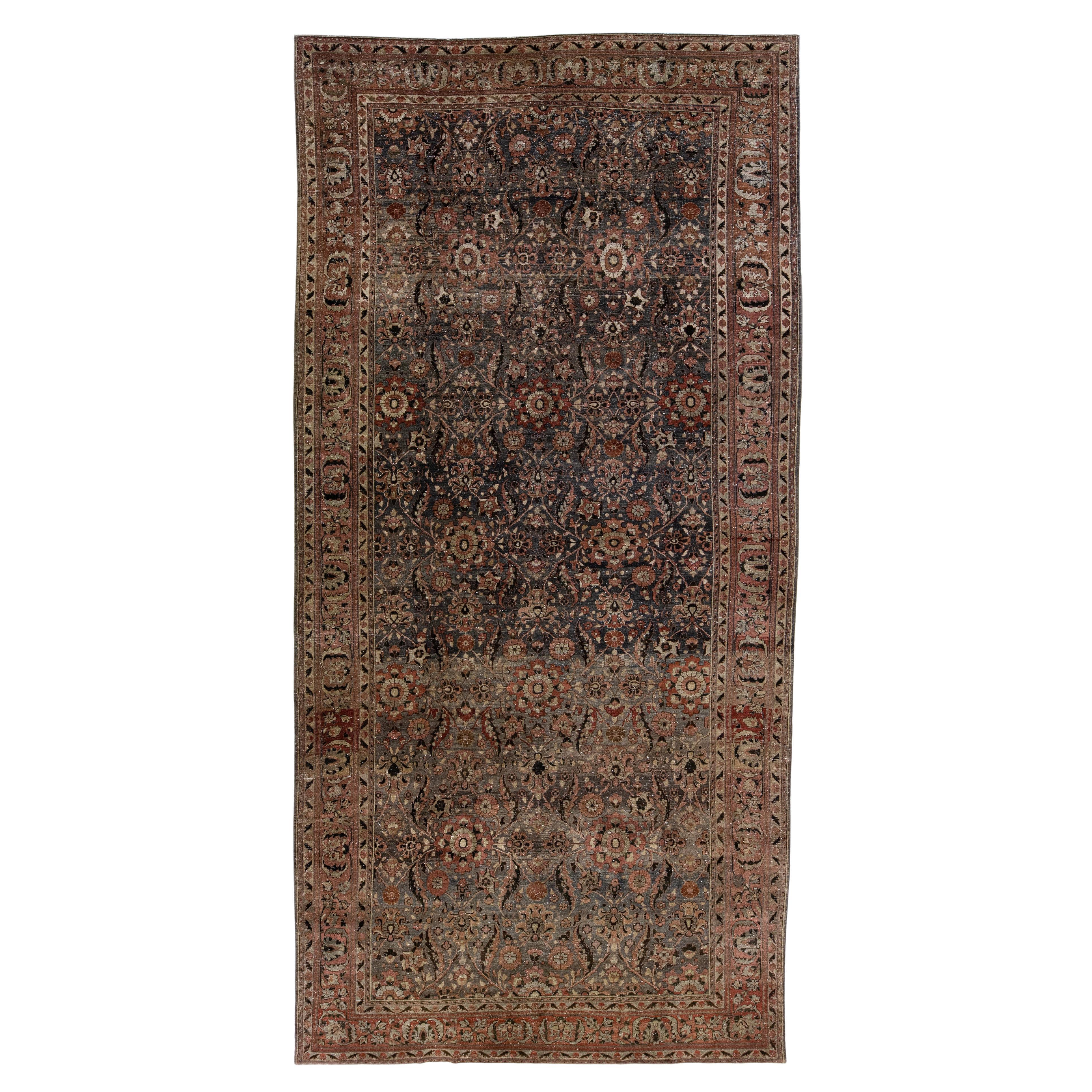 Dark Gray Antique Malayer Persian Gallery Wool Rug with Floral Design