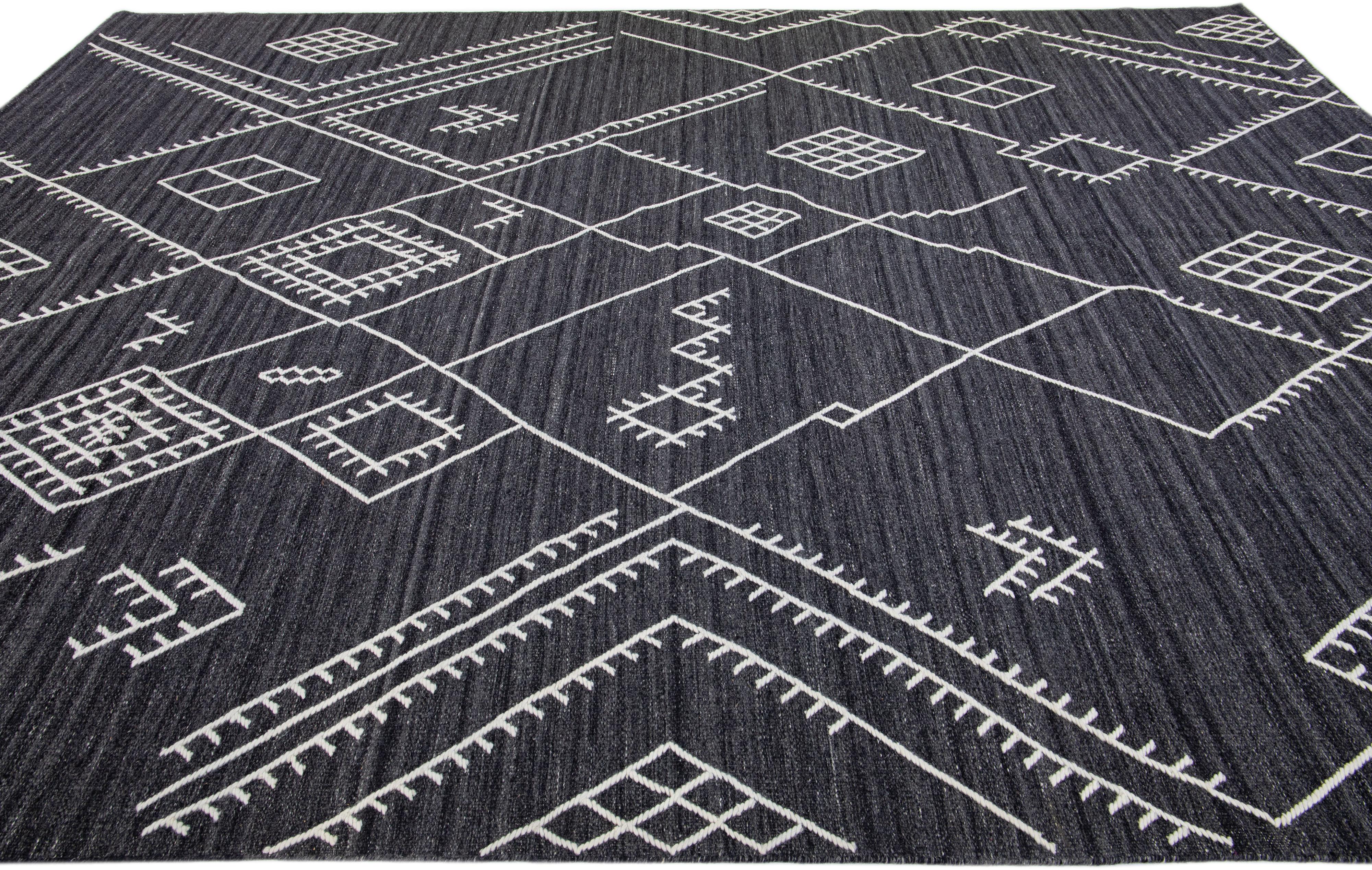 Hand-Knotted Dark Grey Apadana's Flatweave Kilim Wool Rug with Geometric Motif For Sale