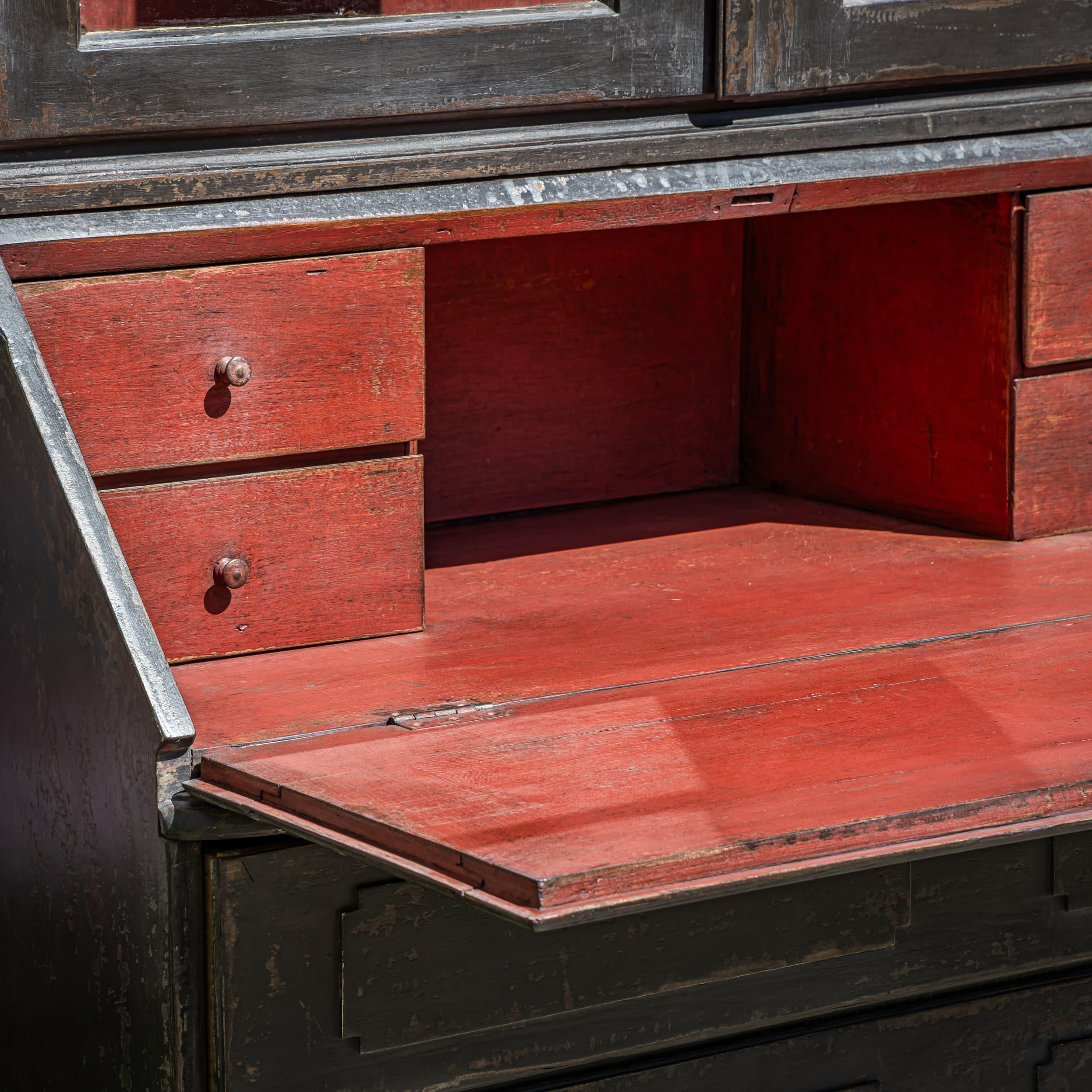 Hand-Painted Dark Gray Baroque Secretary, 18th Century For Sale