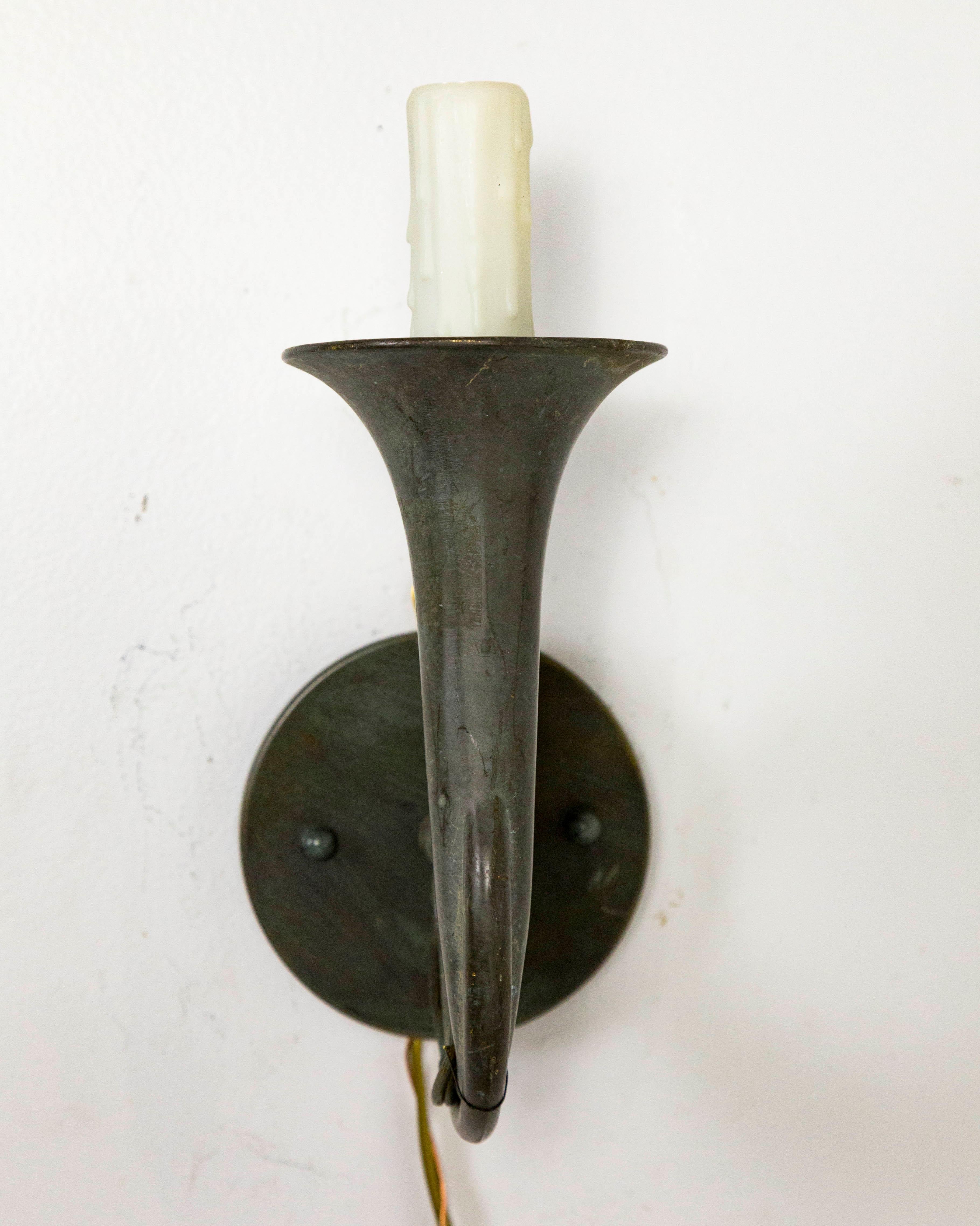 Early 20th Century Pair of Dark Gray Brass Hunting Horn Sconces.