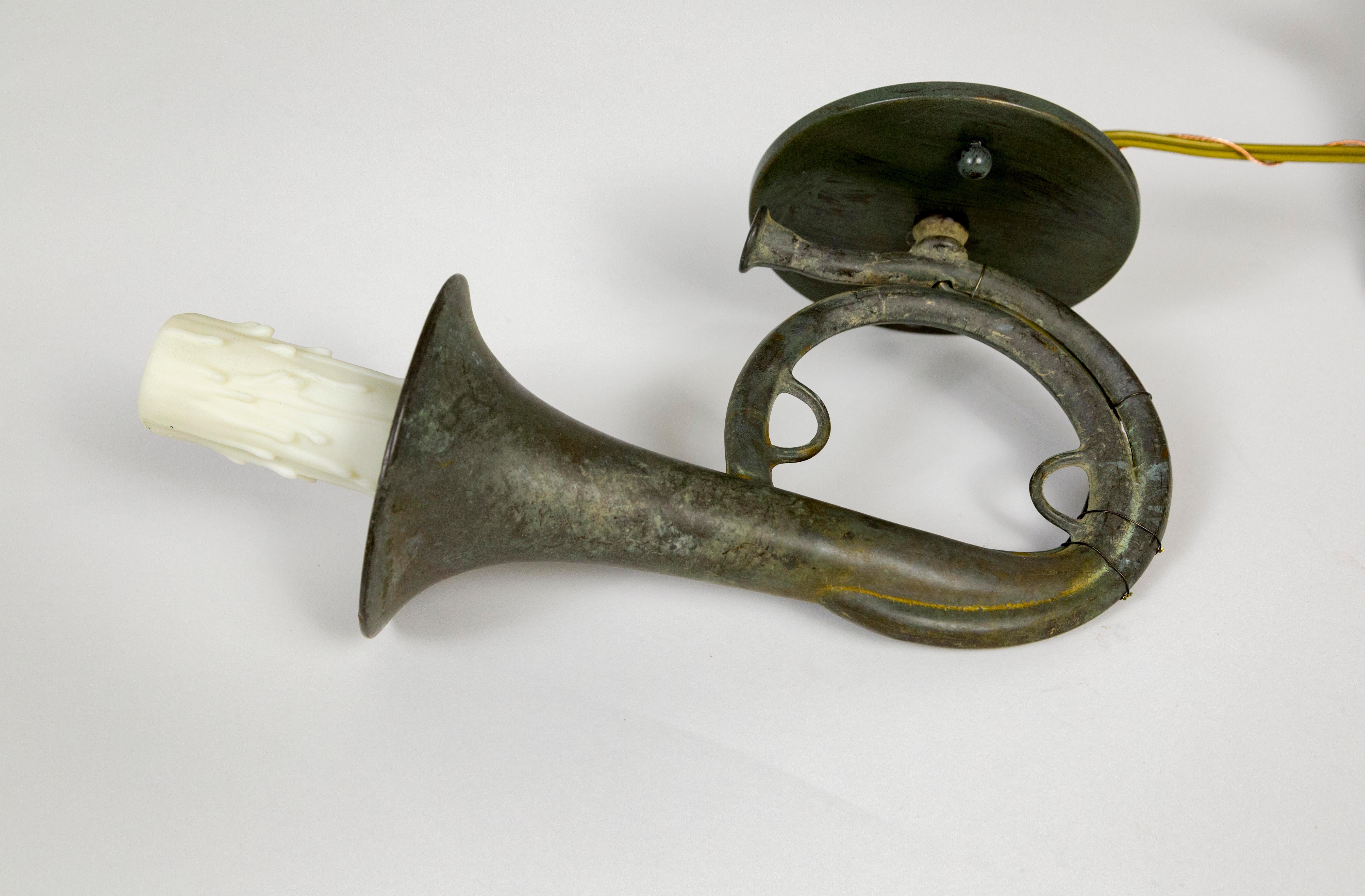Pair of Dark Gray Brass Hunting Horn Sconces. 1