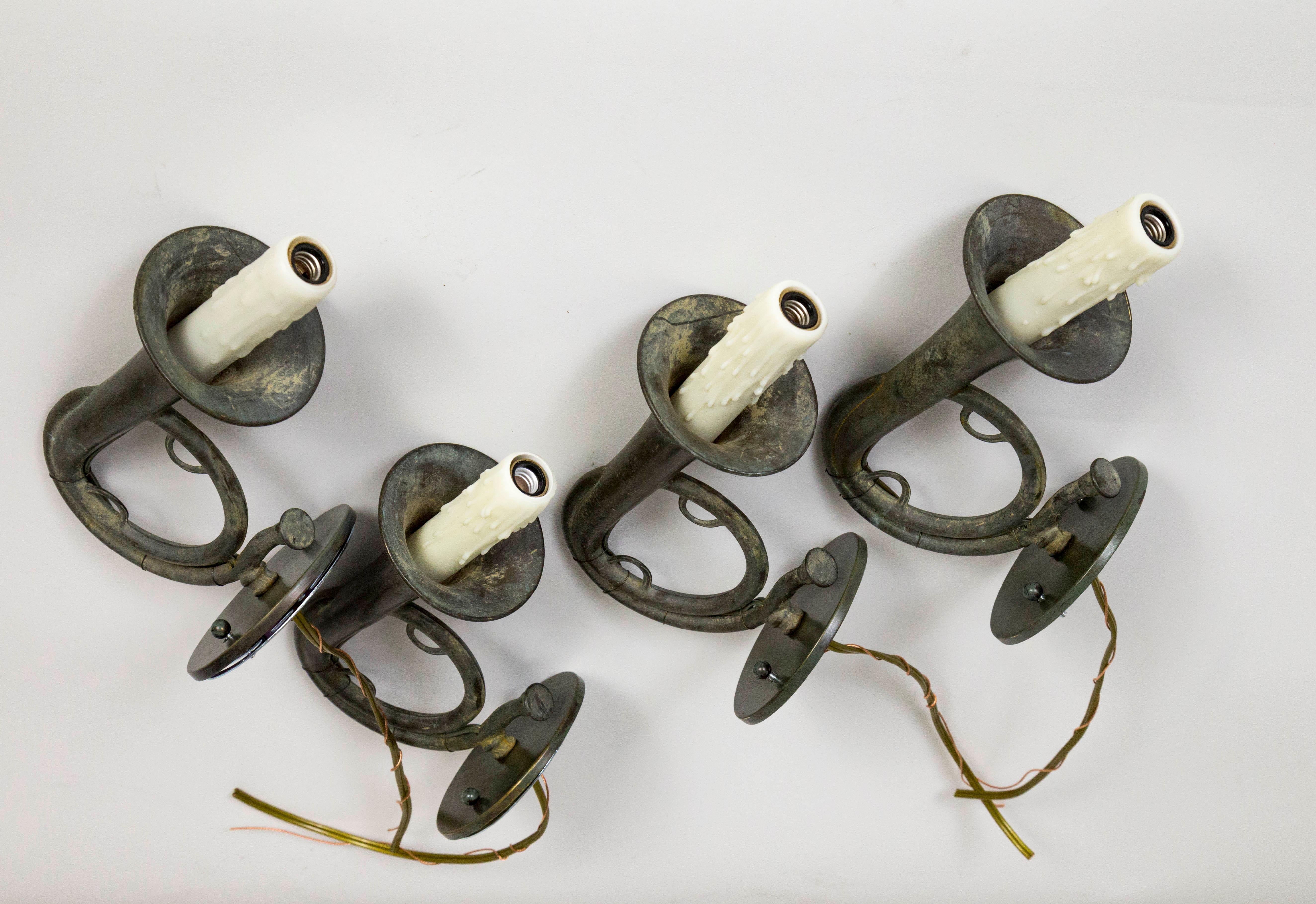 Pair of Dark Gray Brass Hunting Horn Sconces. 2