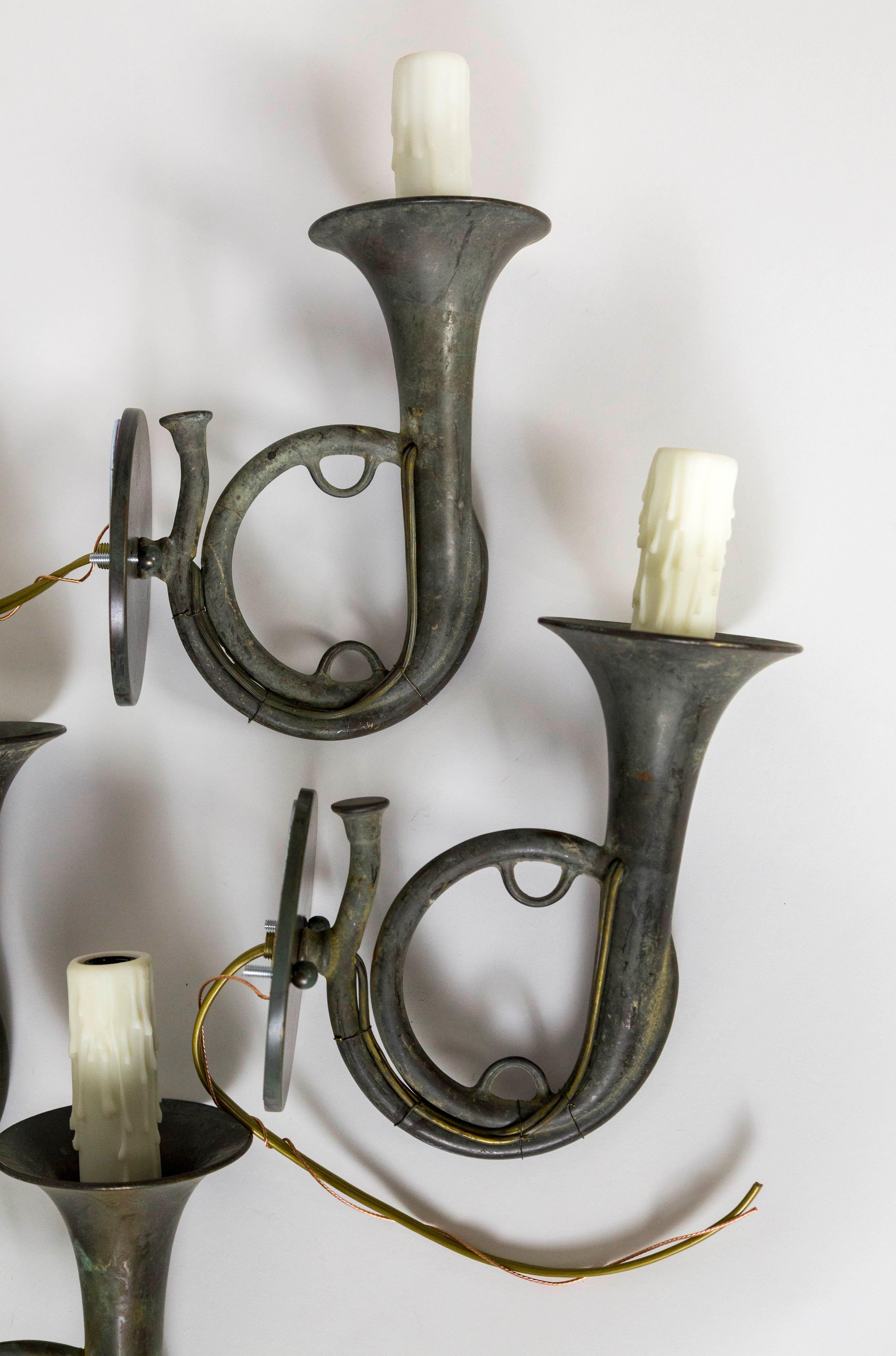 Pair of Dark Gray Brass Hunting Horn Sconces. 3