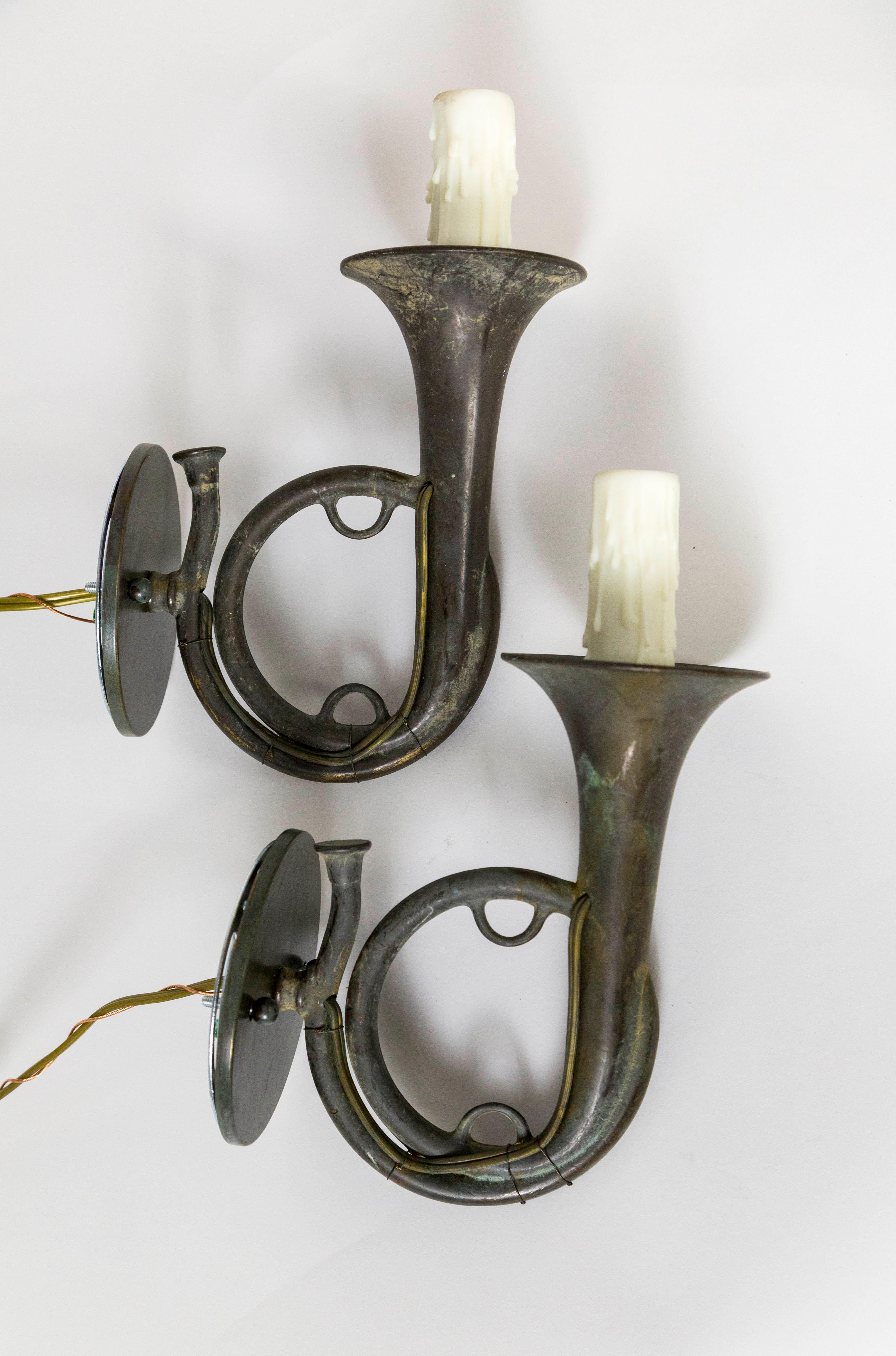Pair of Dark Gray Brass Hunting Horn Sconces. 4