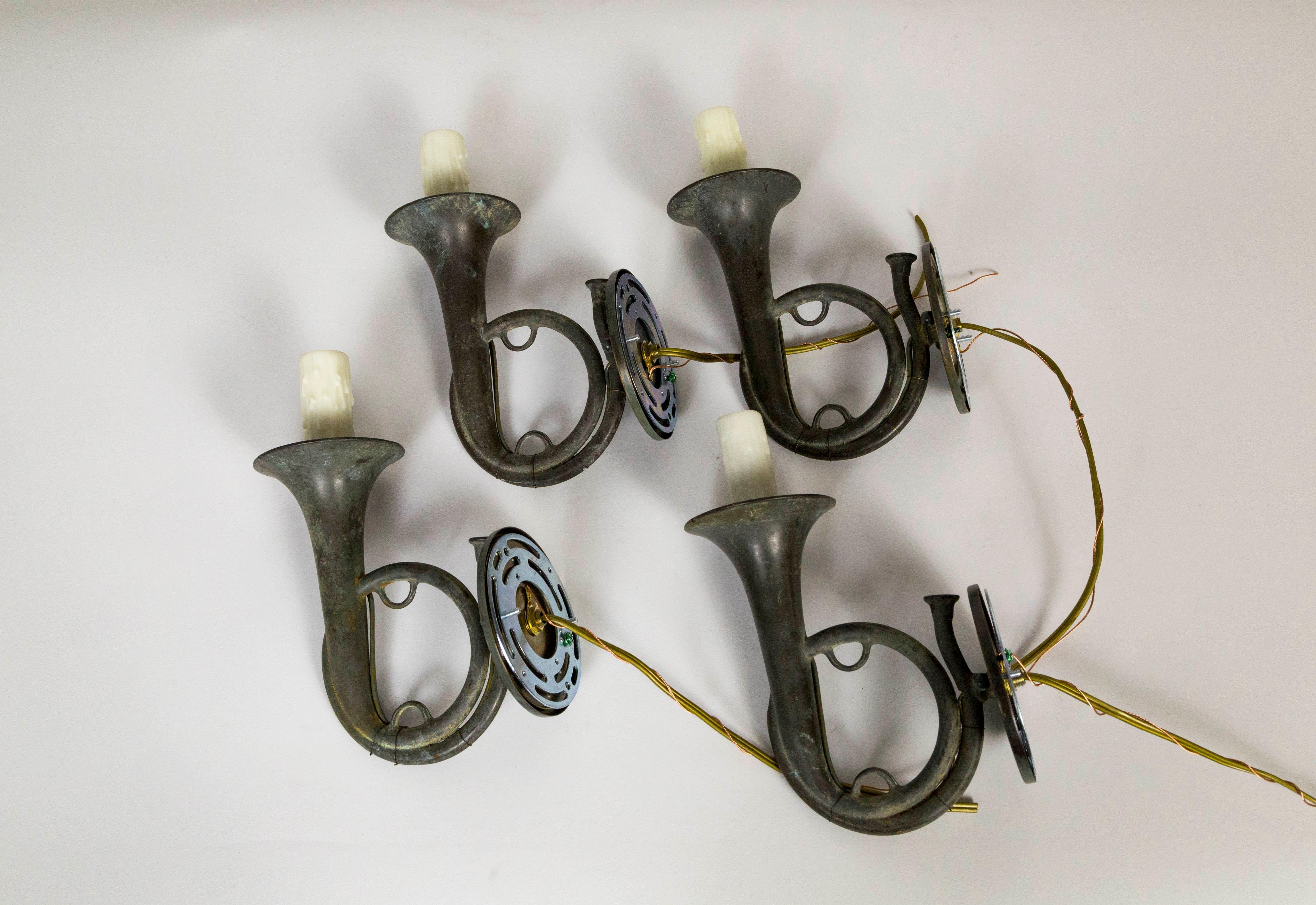 Pair of Dark Gray Brass Hunting Horn Sconces. 5
