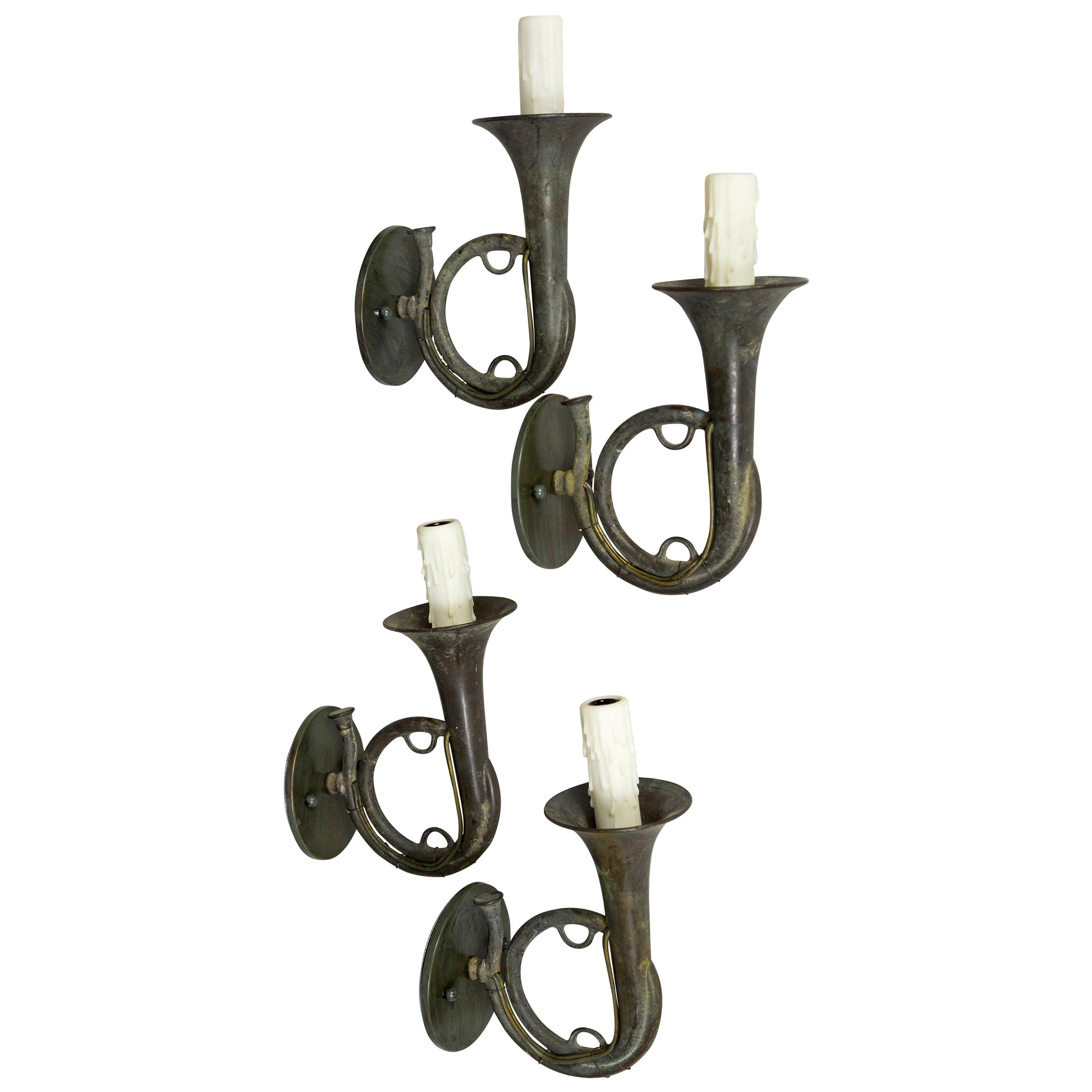 Pair of Dark Gray Brass Hunting Horn Sconces.
