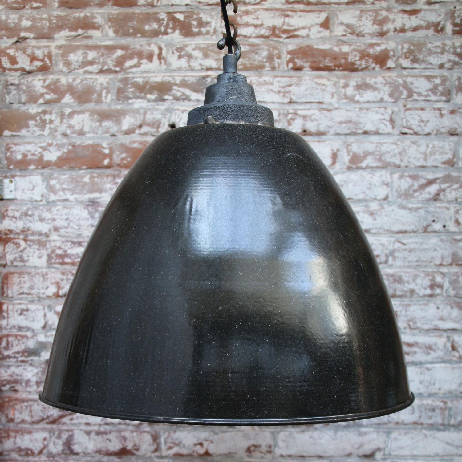 20th Century Dark Gray Enamel Vintage Industrial Cast Iron Pendant Light For Sale