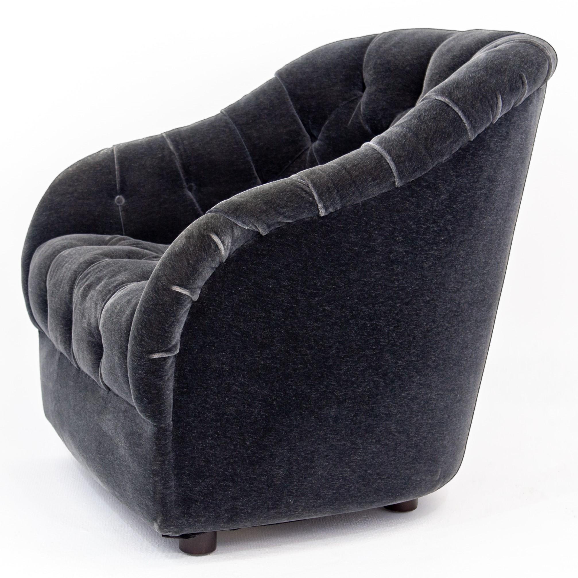 Dark Gray Velvet Button Tufted Barrel Lounge Chair by Ward Bennett for Brickel 4