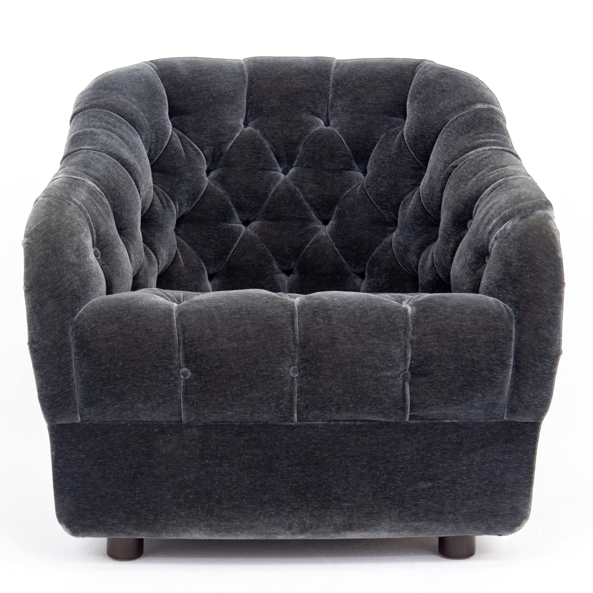 Dark Gray Velvet Button Tufted Barrel Lounge Chair by Ward Bennett for Brickel 5