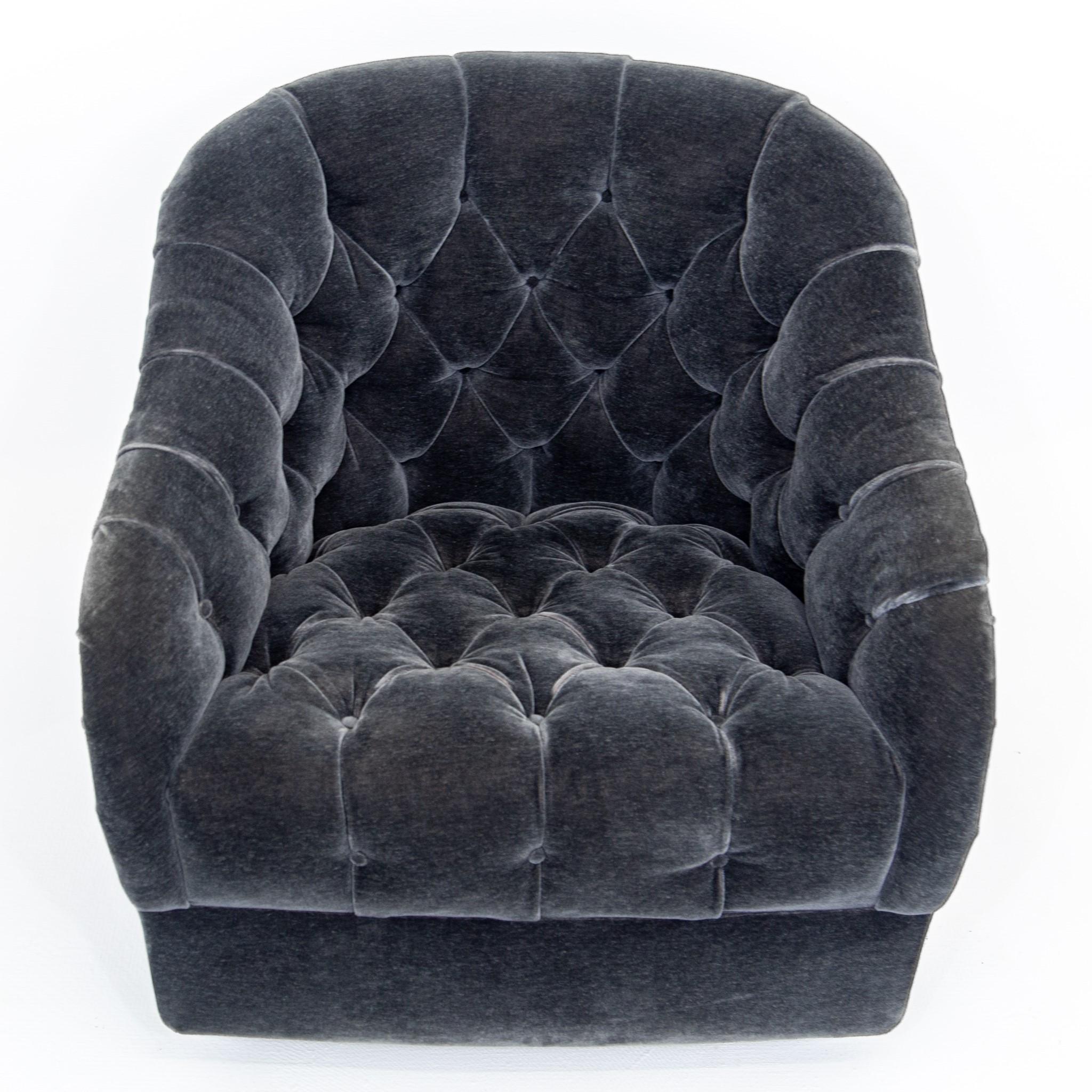 Mid-Century Modern Dark Gray Velvet Button Tufted Barrel Lounge Chair by Ward Bennett for Brickel