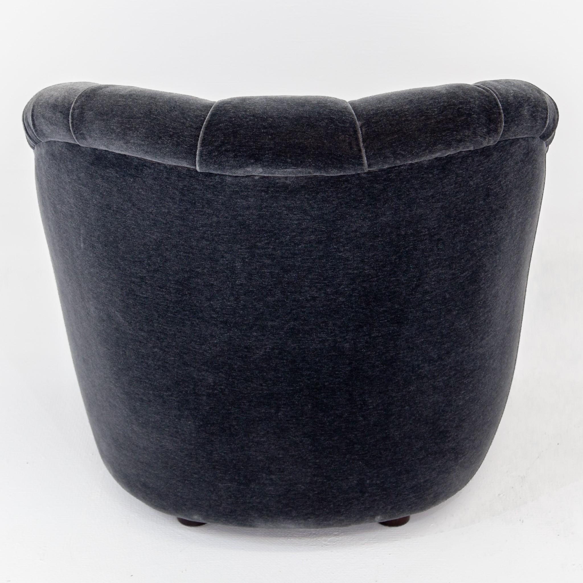 North American Dark Gray Velvet Button Tufted Barrel Lounge Chair by Ward Bennett for Brickel