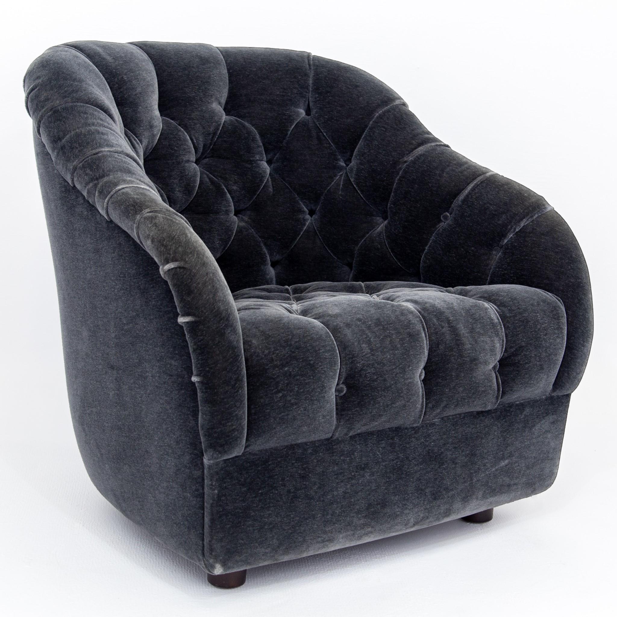 Dark Gray Velvet Button Tufted Barrel Lounge Chair by Ward Bennett for Brickel In Good Condition In Baltimore, MD
