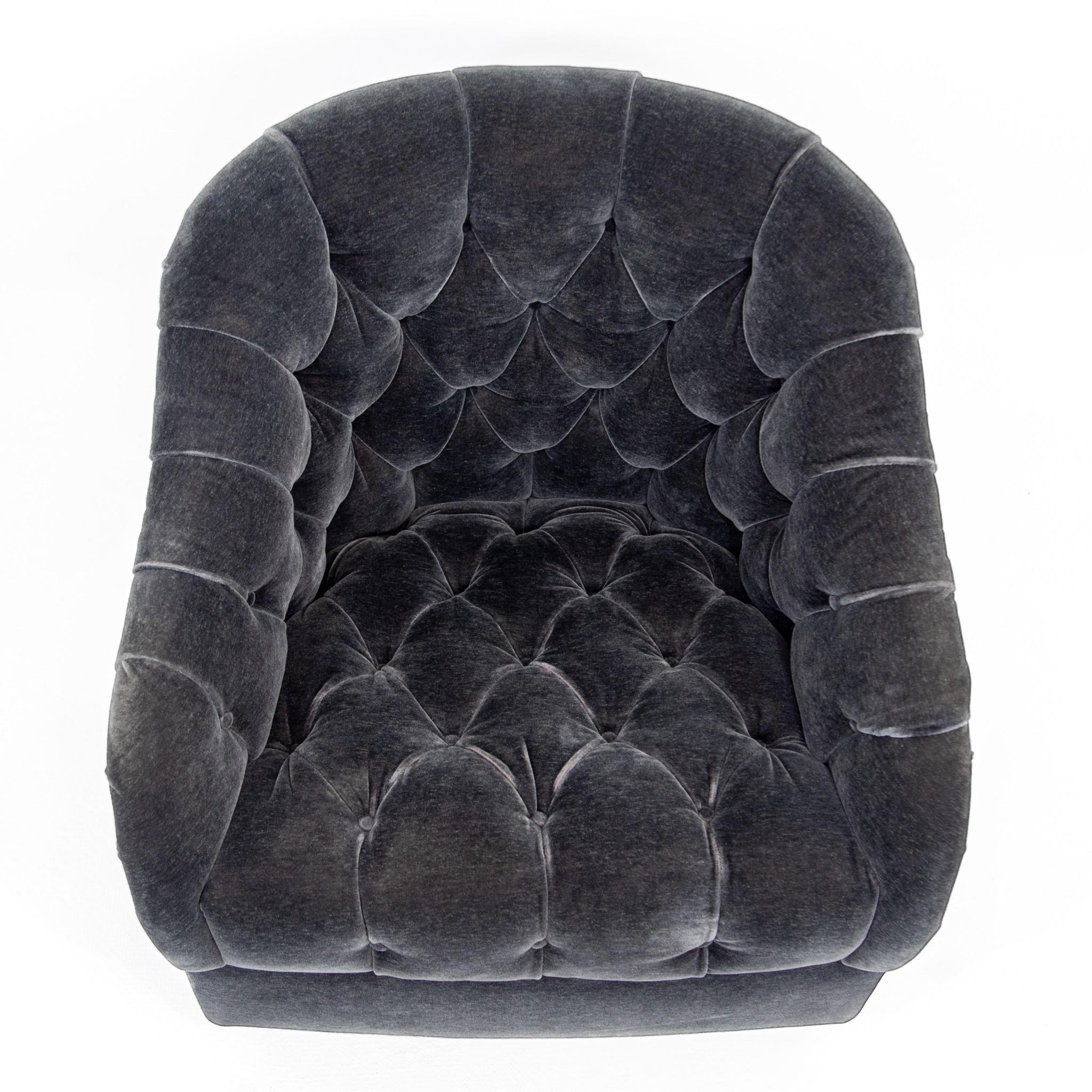 20th Century Dark Gray Velvet Button Tufted Barrel Lounge Chair by Ward Bennett for Brickel