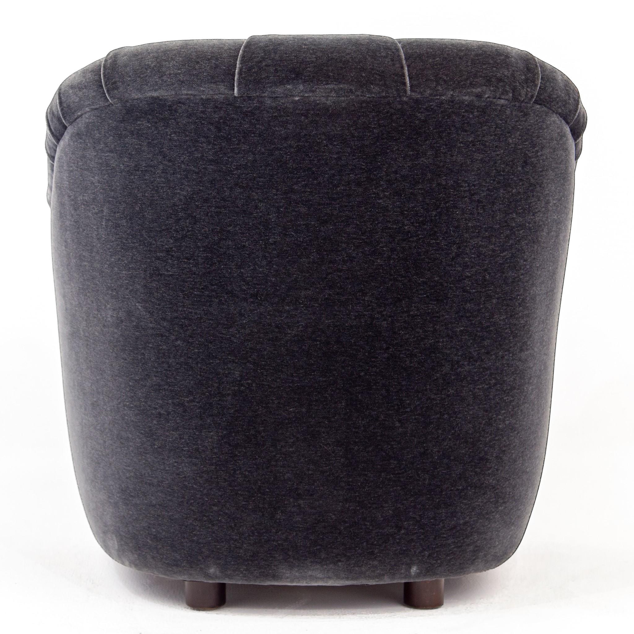 Dark Gray Velvet Button Tufted Barrel Lounge Chair by Ward Bennett for Brickel 1
