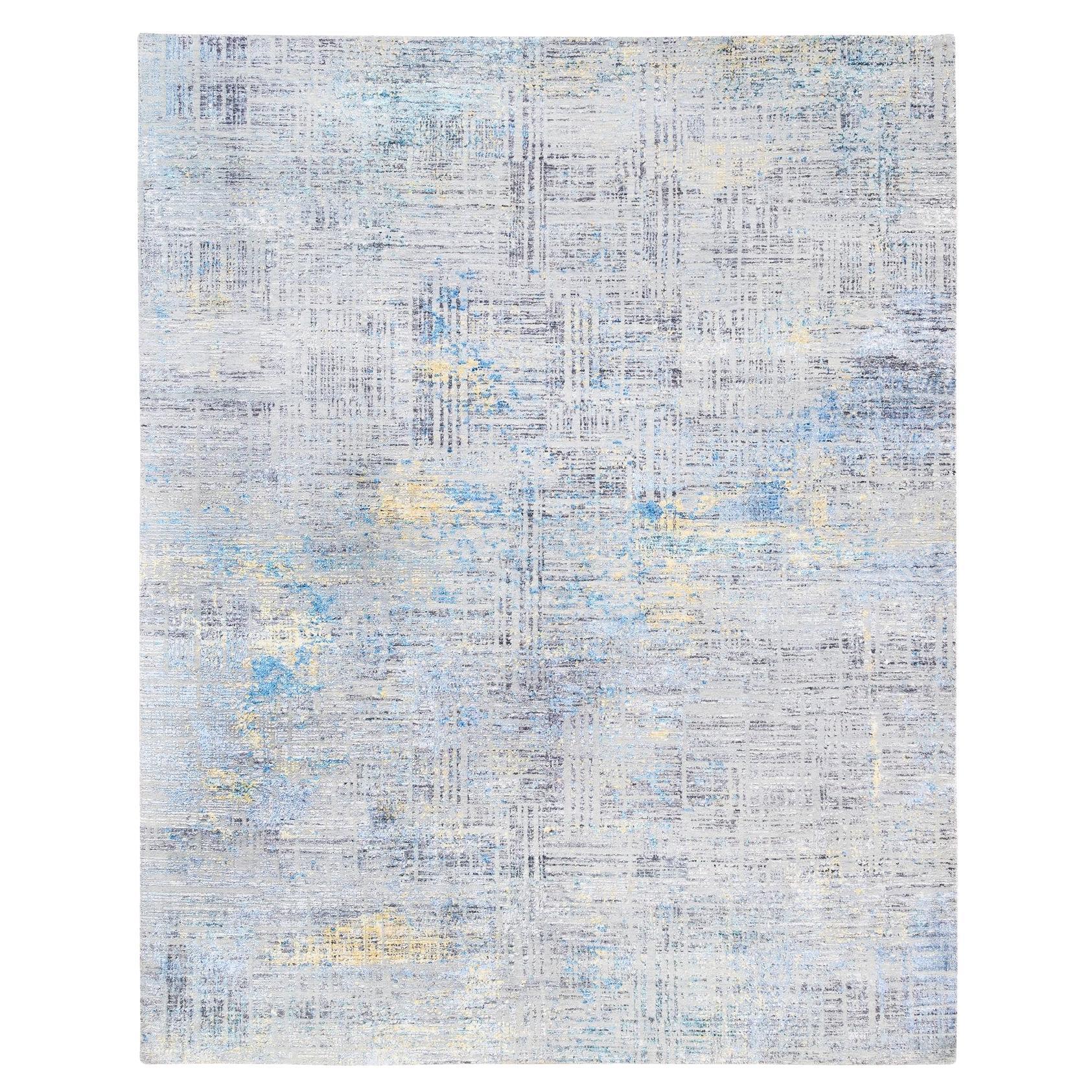 Grigio scuro con tocchi di blu Tappeto moderno in lana e seta annodato a mano 8'1" x 10'