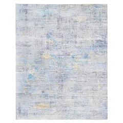 Tapis moderne noué à la main en laine et soie gris foncé avec touches de bleu 8'1" x 10'
