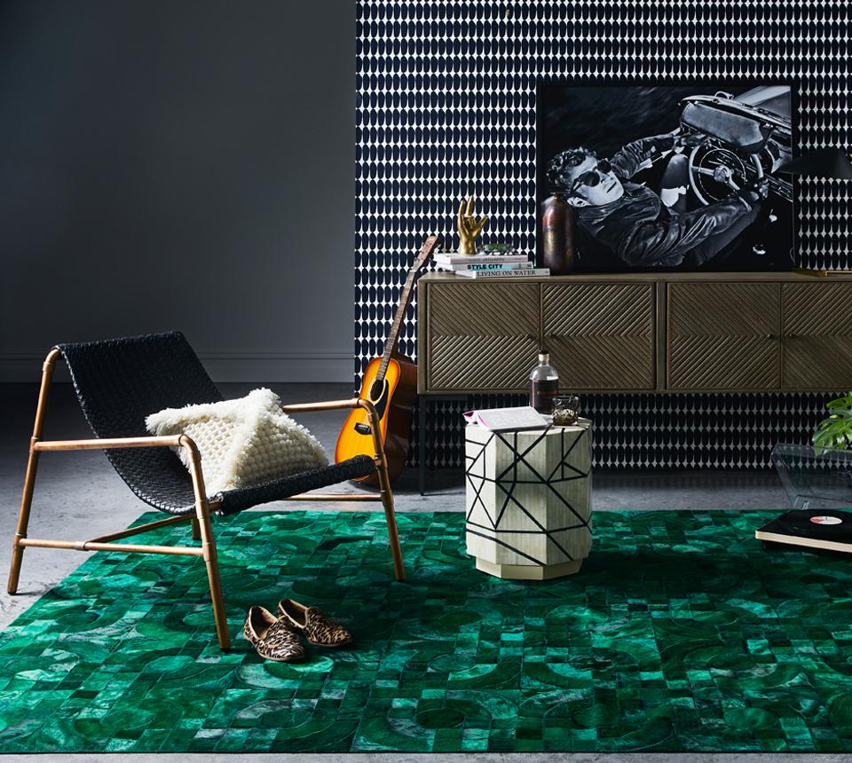 Pakistani Dark Green, 1970s Inspired Customizable Optico Cowhide Area Floor Rug X-Large For Sale
