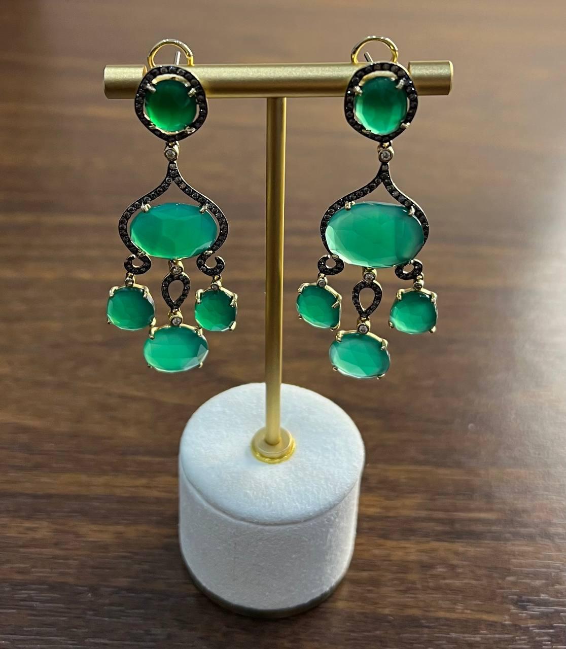 Dark Green Agate Brown Champagne Diamond Halo 14K Gold Statement Drop Earrings For Sale 5