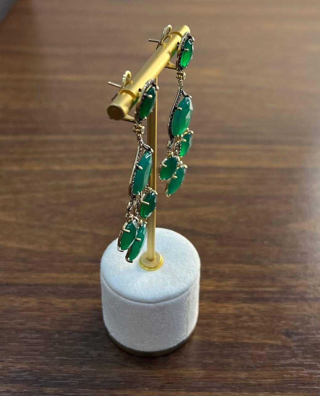 Dark Green Agate Brown Champagne Diamond Halo 14K Gold Statement Drop Earrings For Sale 6