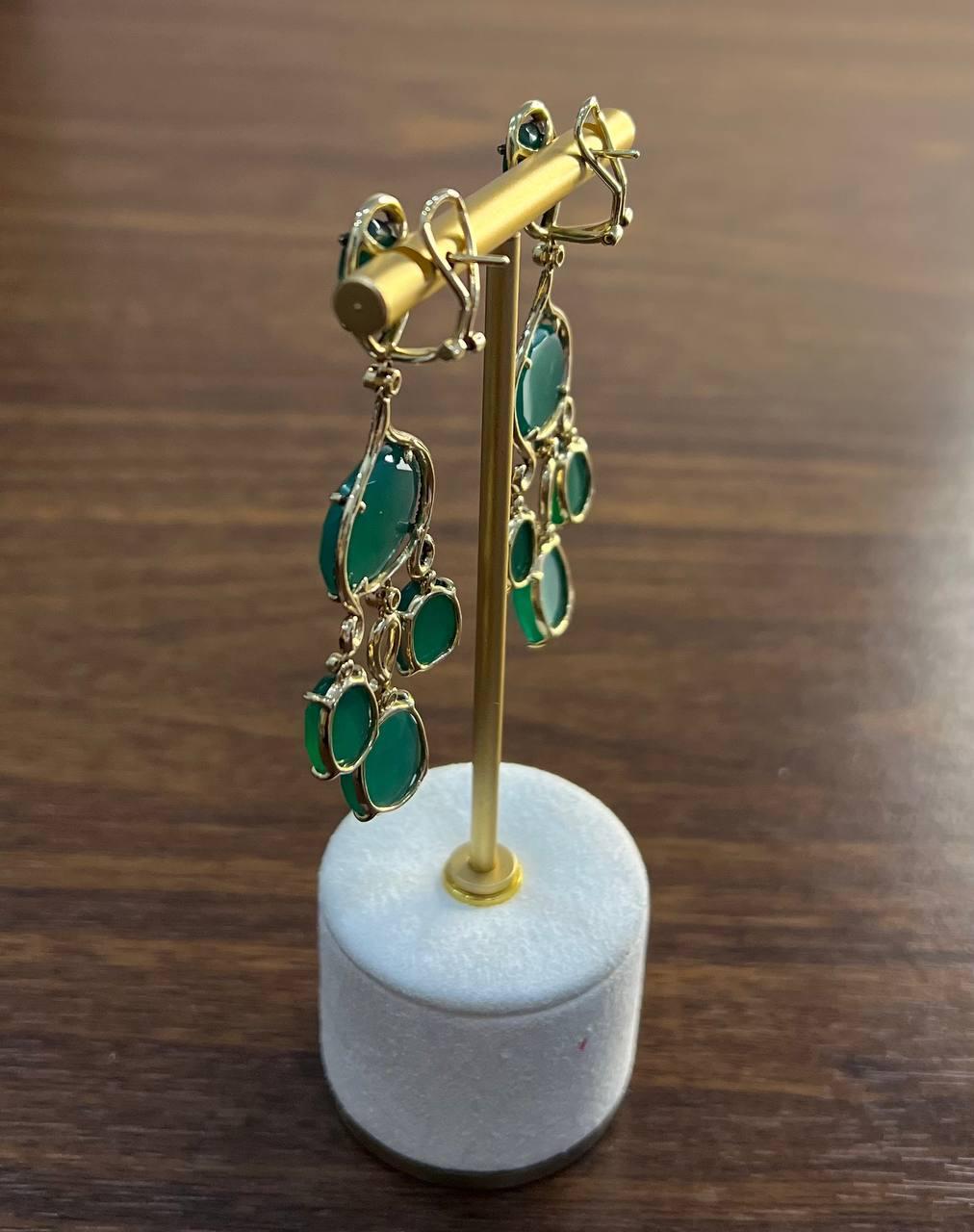 Dark Green Agate Brown Champagne Diamond Halo 14K Gold Statement Drop Earrings For Sale 7