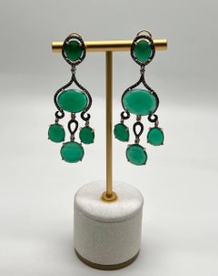 Dark Green Agate Brown Champagne Diamond Halo 14K Gold Statement Drop Earrings