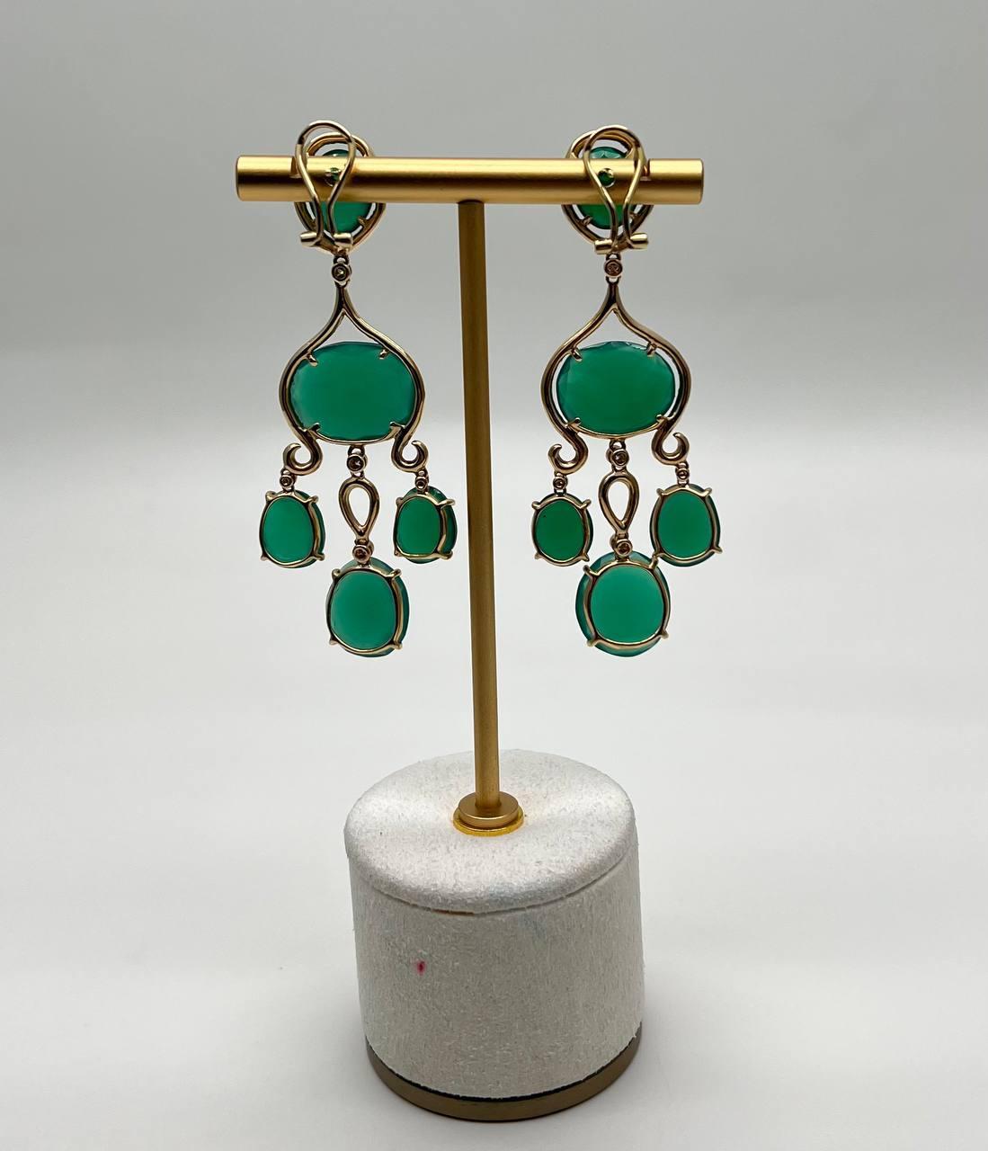 Mixed Cut Dark Green Agate Brown Champagne Diamond Halo 14K Gold Statement Drop Earrings For Sale