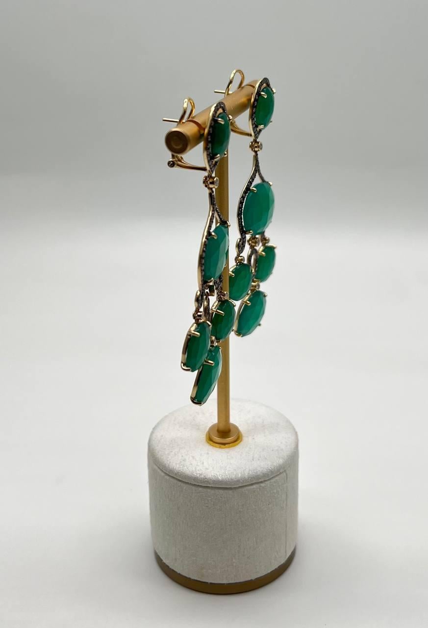 Dark Green Agate Brown Champagne Diamond Halo 14K Gold Statement Drop Earrings In New Condition For Sale In Oakton, VA