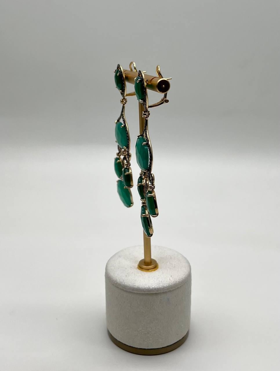 Women's Dark Green Agate Brown Champagne Diamond Halo 14K Gold Statement Drop Earrings For Sale