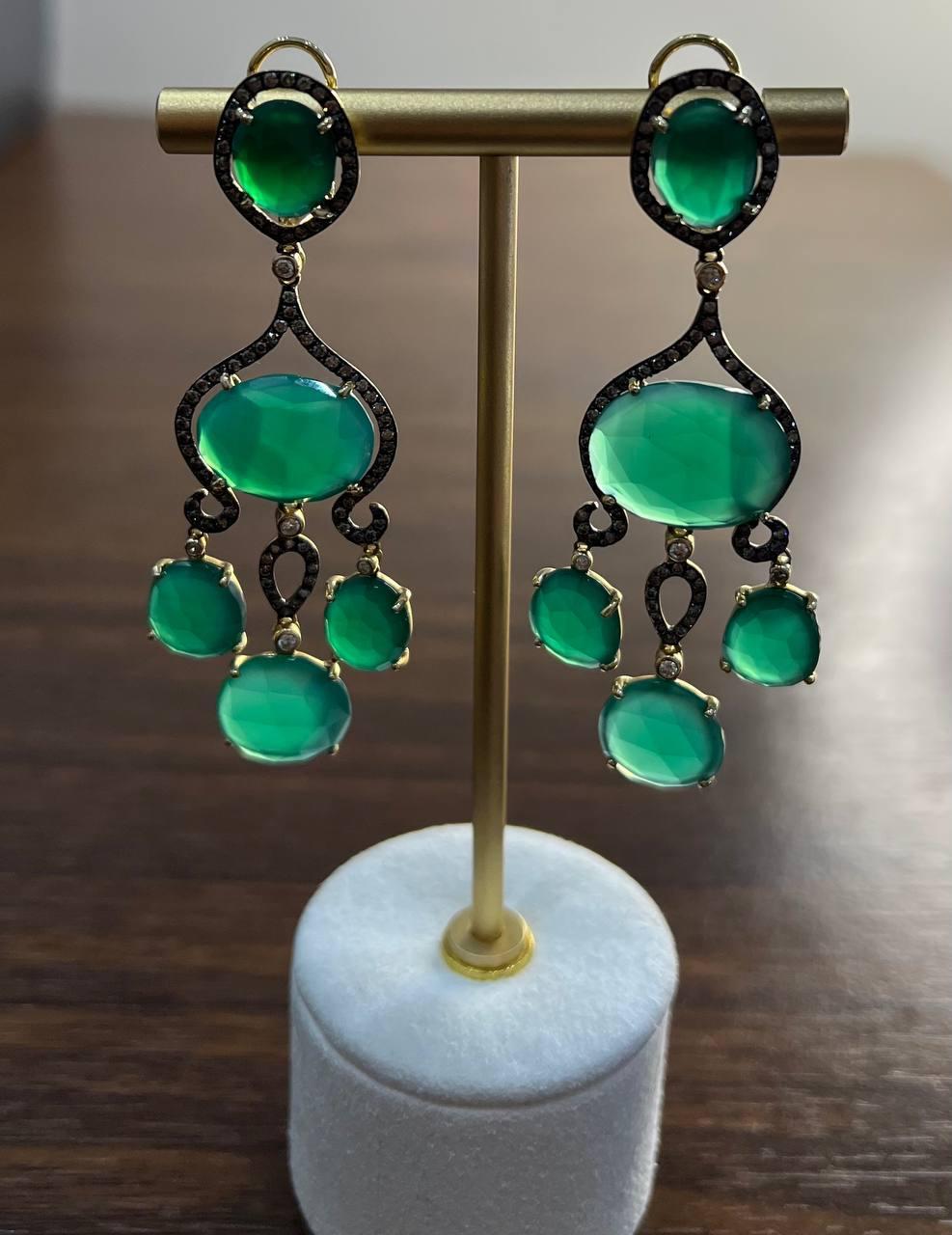 Dark Green Agate Brown Champagne Diamond Halo 14K Gold Statement Drop Earrings For Sale 1