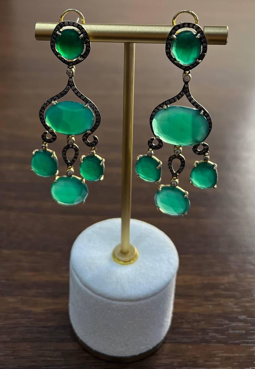 Dark Green Agate Brown Champagne Diamond Halo 14K Gold Statement Drop Earrings For Sale 2