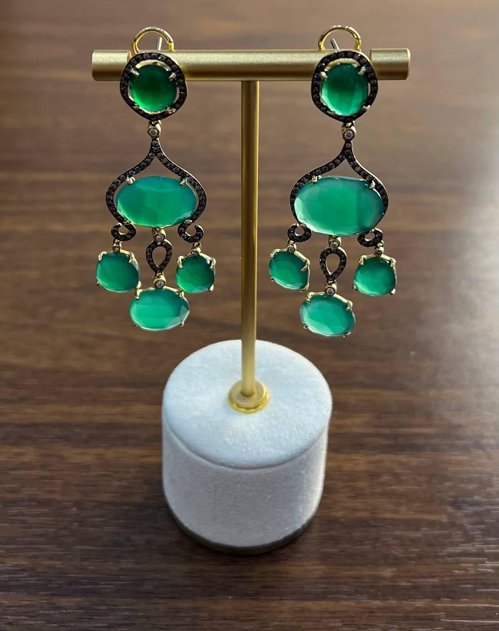 Dark Green Agate Brown Champagne Diamond Halo 14K Gold Statement Drop Earrings For Sale 3