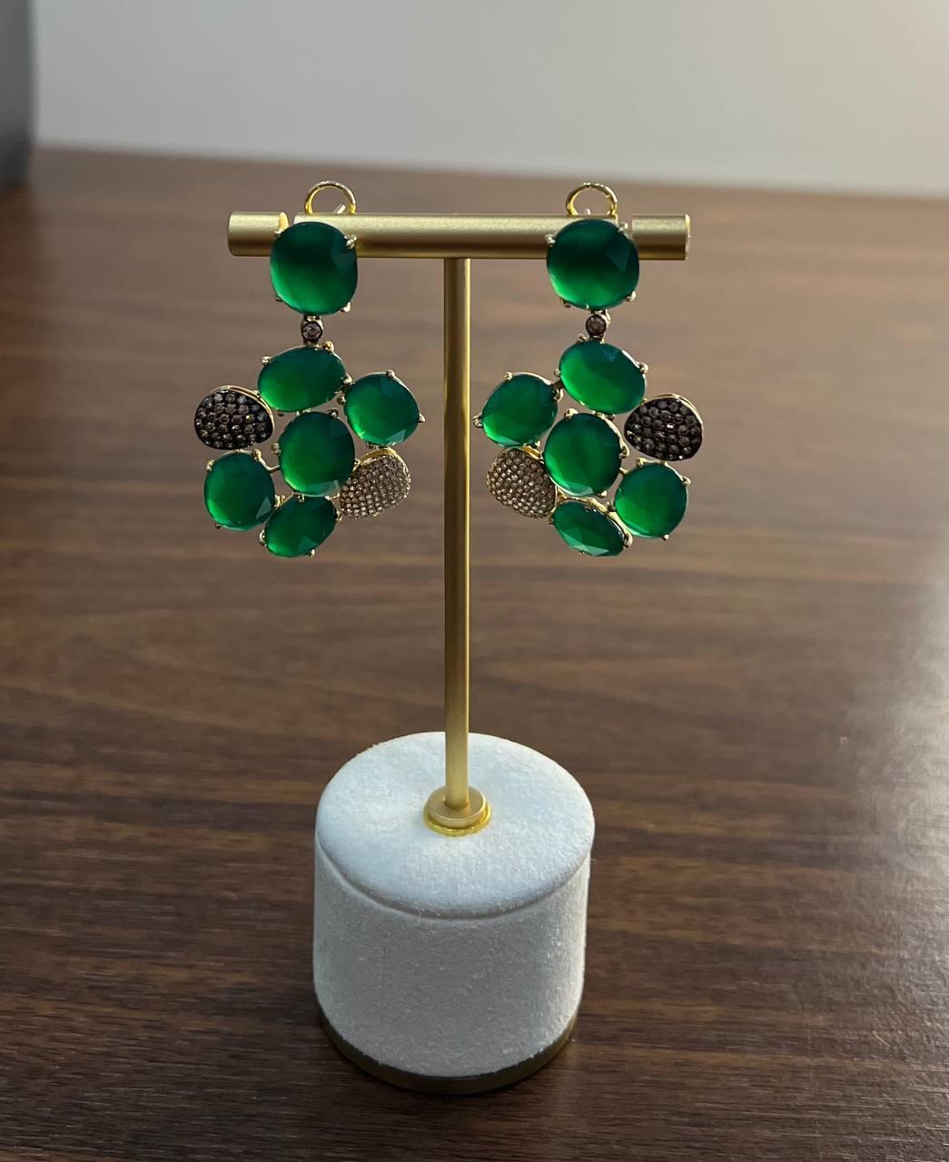 Dark Green Agate Brown Champagne Diamond Pave 14K Gold Statement Drop Earrings For Sale 5