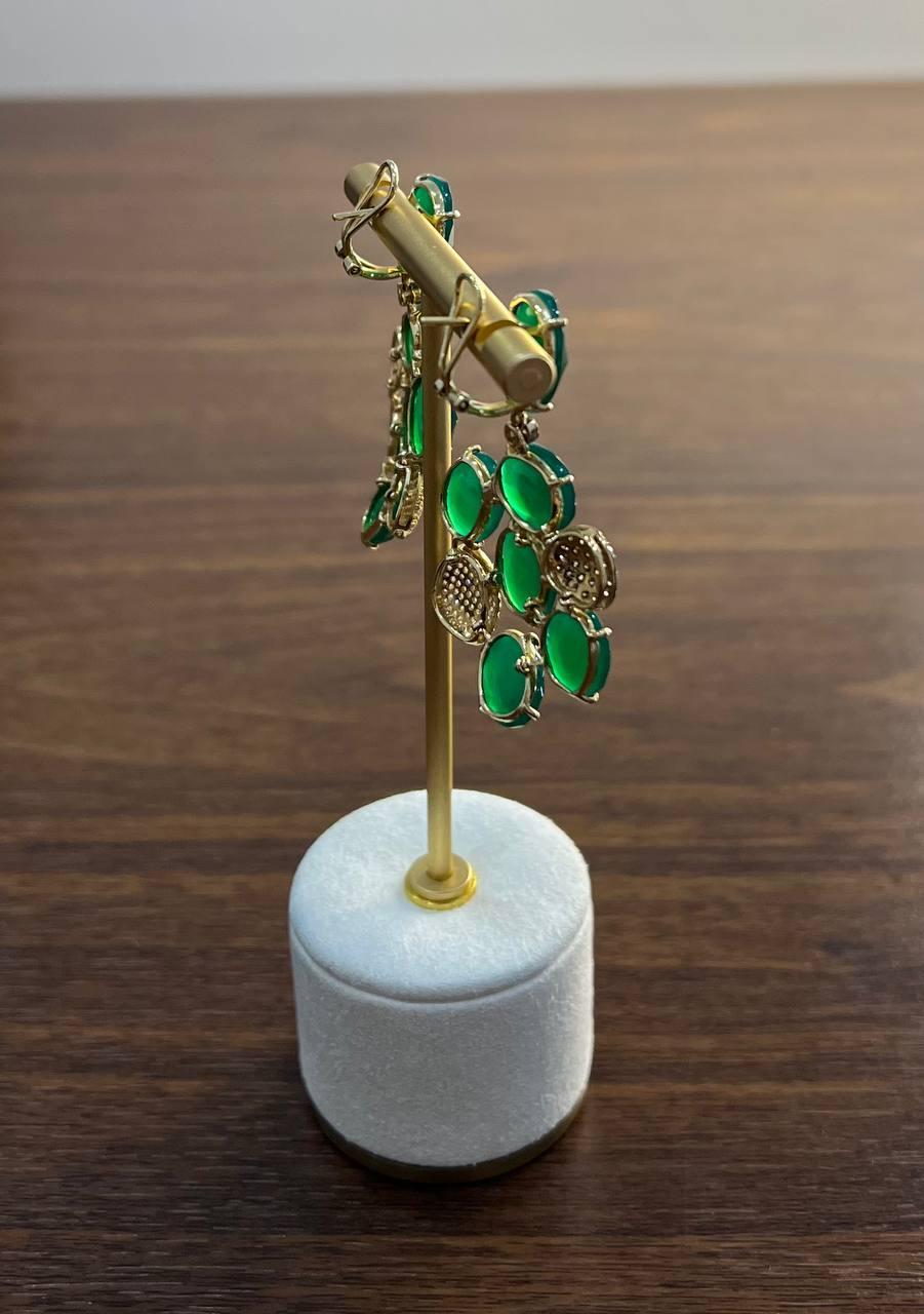Dark Green Agate Brown Champagne Diamond Pave 14K Gold Statement Drop Earrings For Sale 6