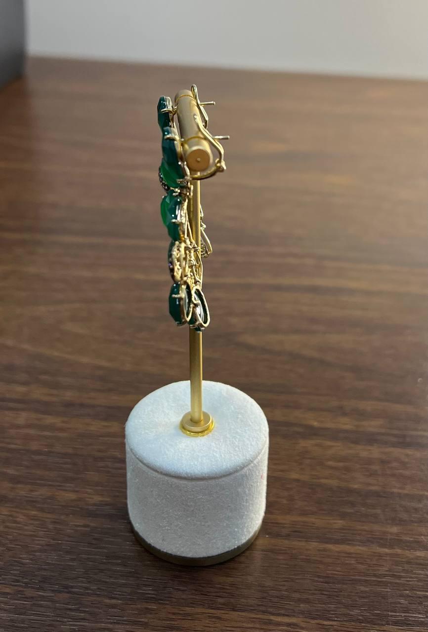Dark Green Agate Brown Champagne Diamond Pave 14K Gold Statement Drop Earrings For Sale 7