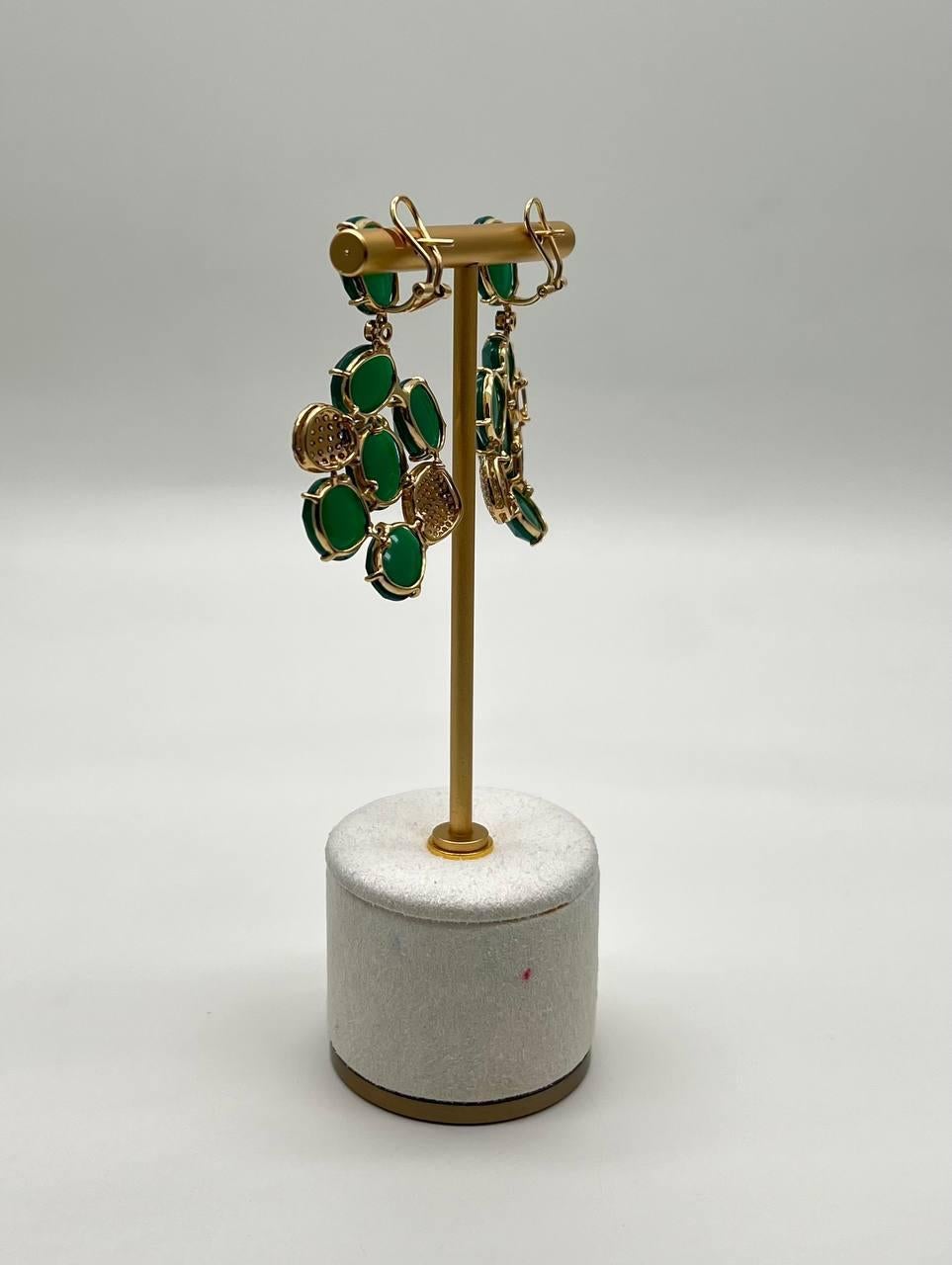 Dark Green Agate Brown Champagne Diamond Pave 14K Gold Statement Drop Earrings In New Condition For Sale In Oakton, VA