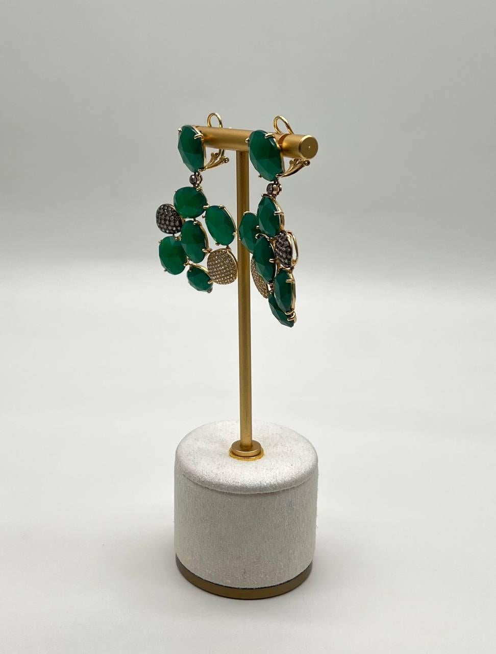 Women's Dark Green Agate Brown Champagne Diamond Pave 14K Gold Statement Drop Earrings For Sale