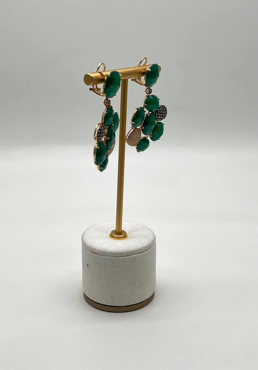 Dark Green Agate Brown Champagne Diamond Pave 14K Gold Statement Drop Earrings For Sale 1