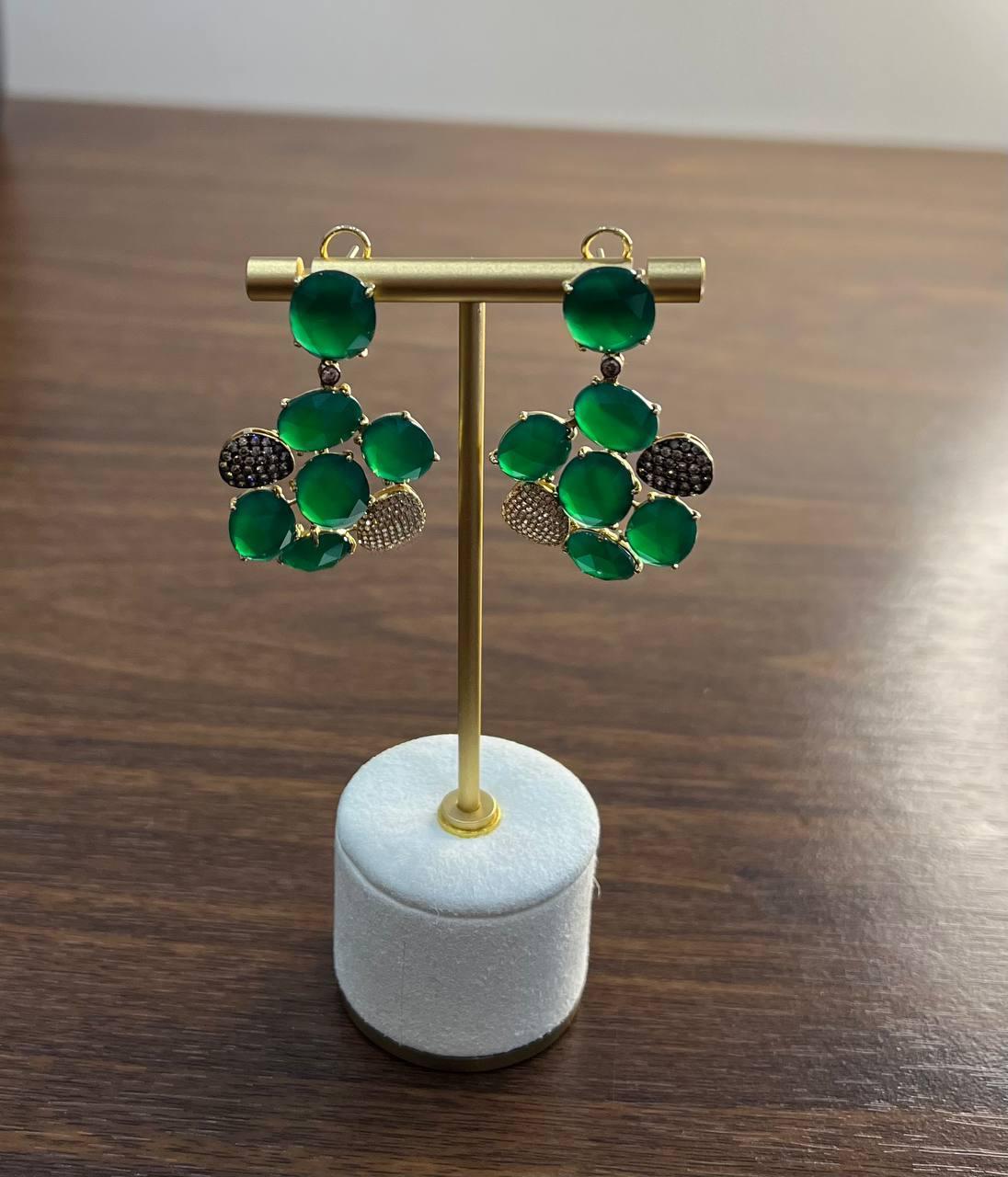 Dark Green Agate Brown Champagne Diamond Pave 14K Gold Statement Drop Earrings For Sale 2