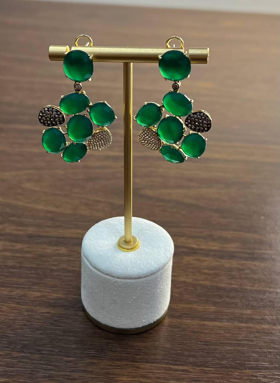 Dark Green Agate Brown Champagne Diamond Pave 14K Gold Statement Drop Earrings For Sale 3