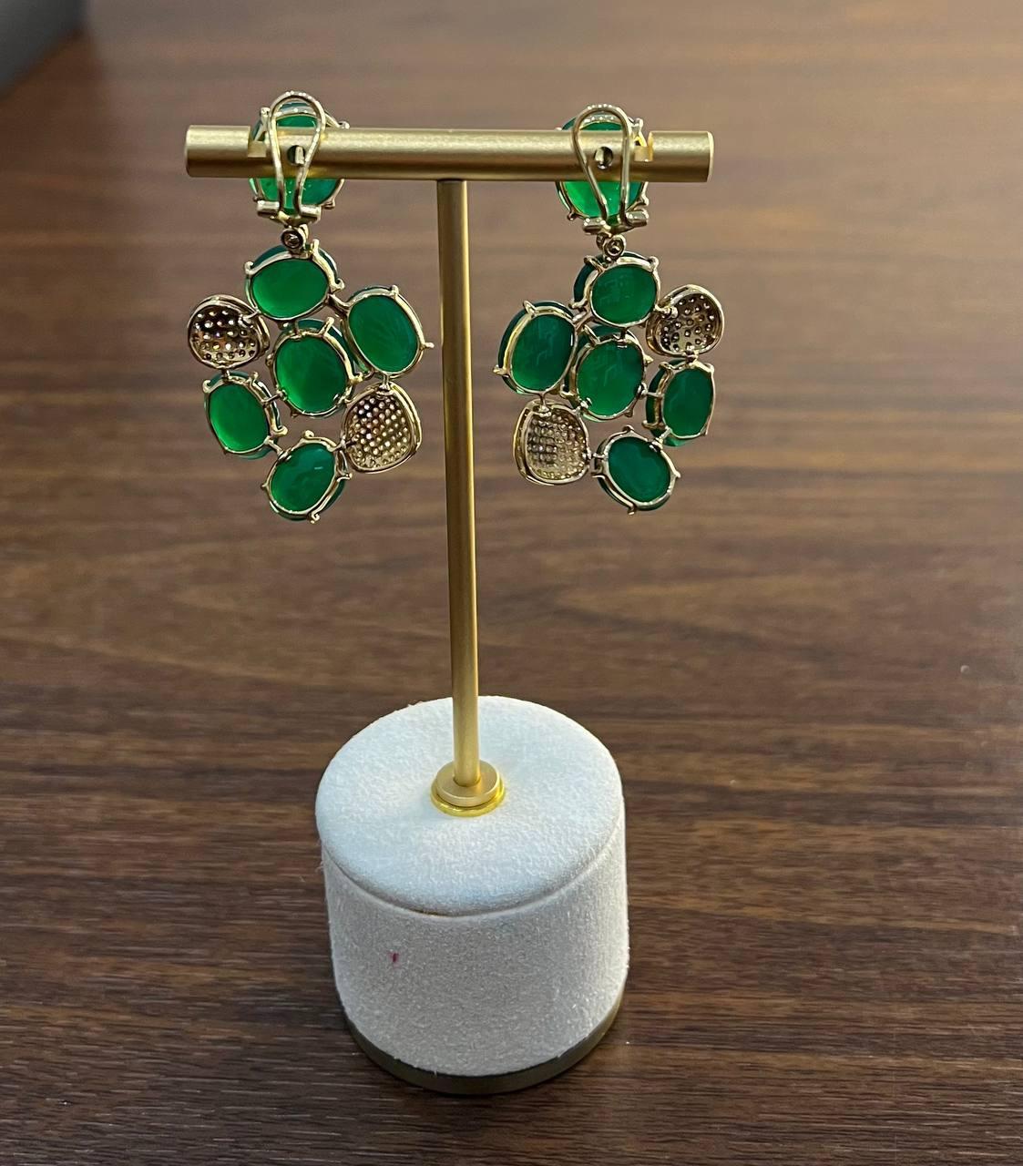 Dark Green Agate Brown Champagne Diamond Pave 14K Gold Statement Drop Earrings For Sale 4
