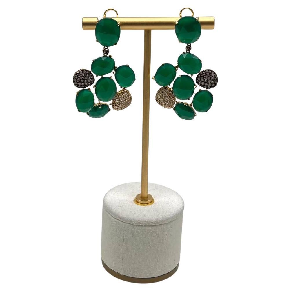 Dark Green Agate Brown Champagne Diamond Pave 14K Gold Statement Drop Earrings