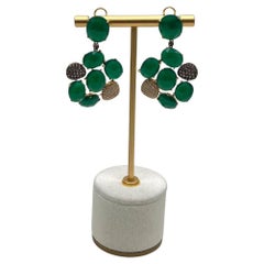 Pendientes Colgantes de Ágata Verde Oscura Marrón Champán Diamante Pave Oro de 14 K