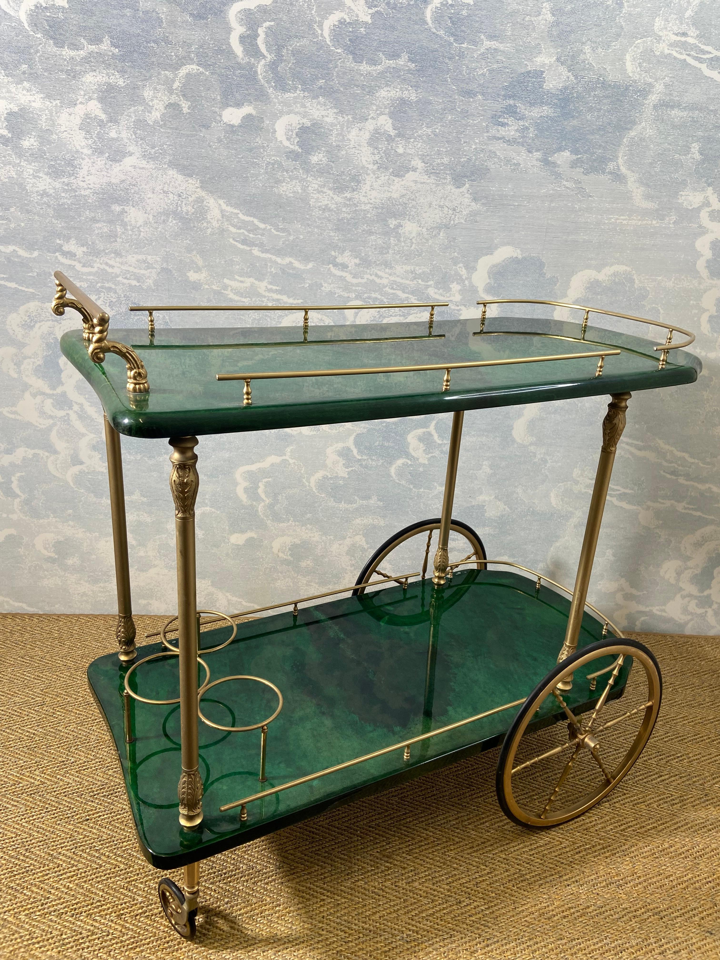 Hollywood Regency Dark Green Aldo Tura Bar Cart / Serving Trolley, Italy, 1960's