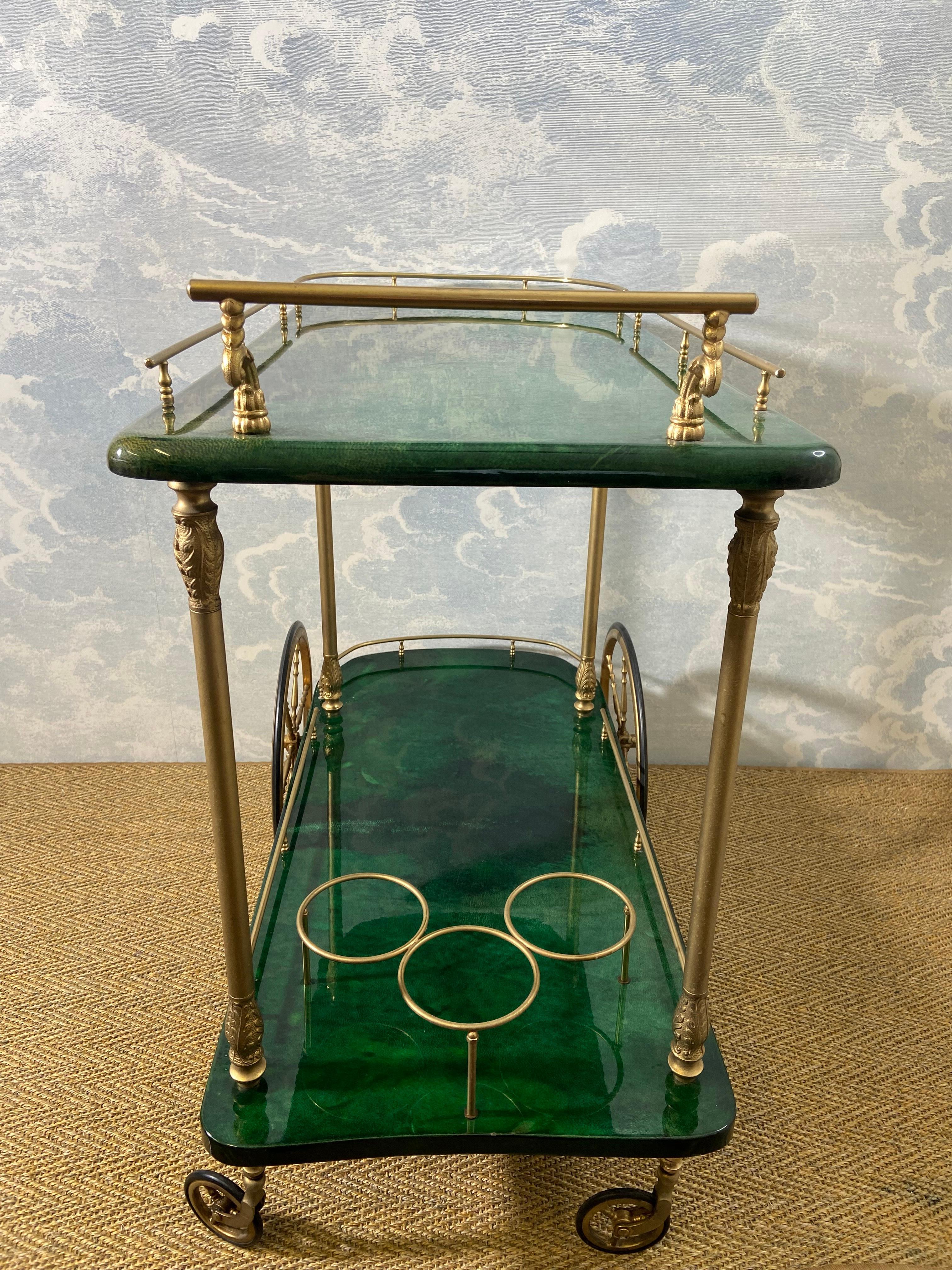 Italian Dark Green Aldo Tura Bar Cart / Serving Trolley, Italy, 1960's