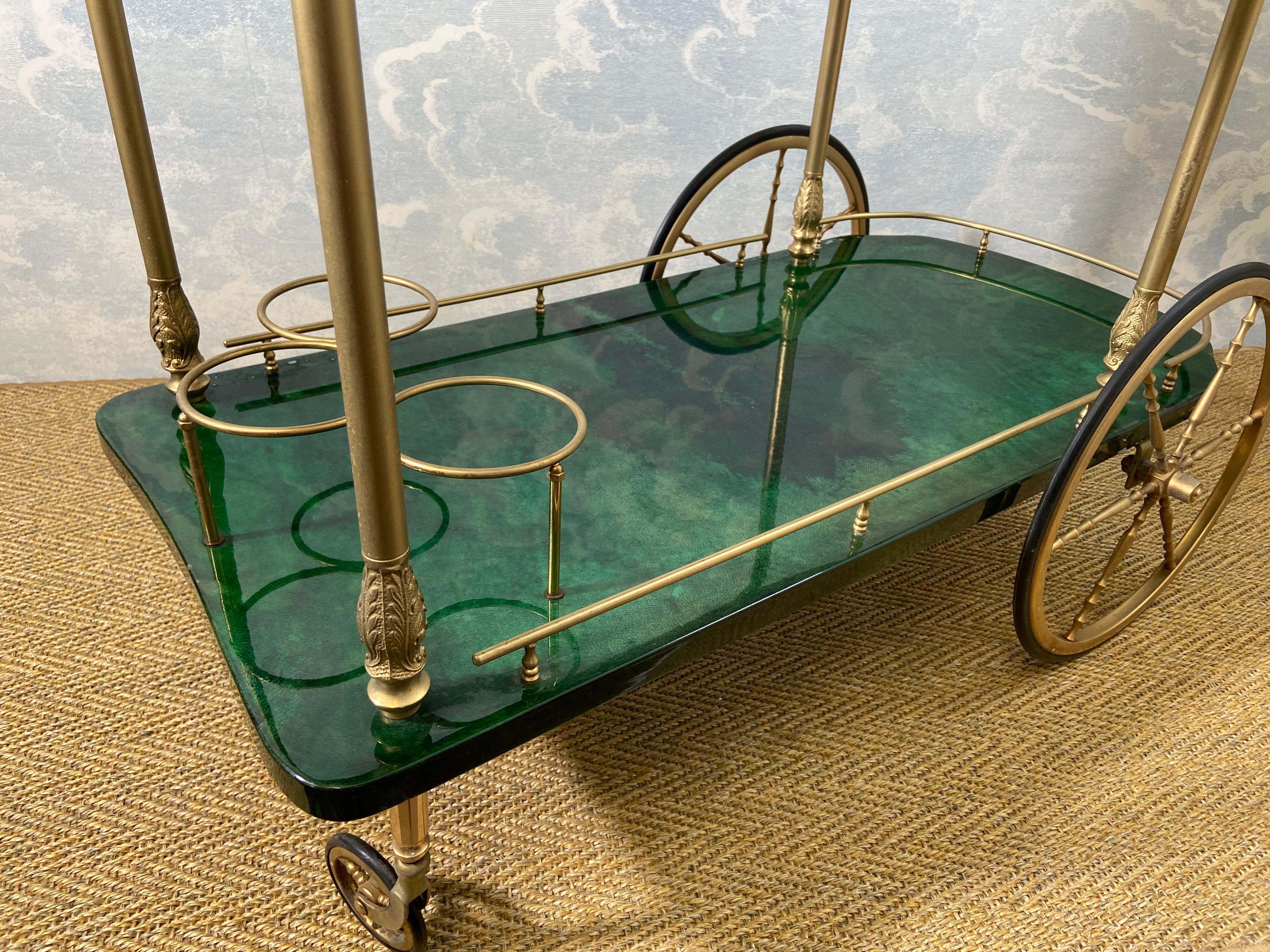 Lacquered Dark Green Aldo Tura Bar Cart / Serving Trolley, Italy, 1960's