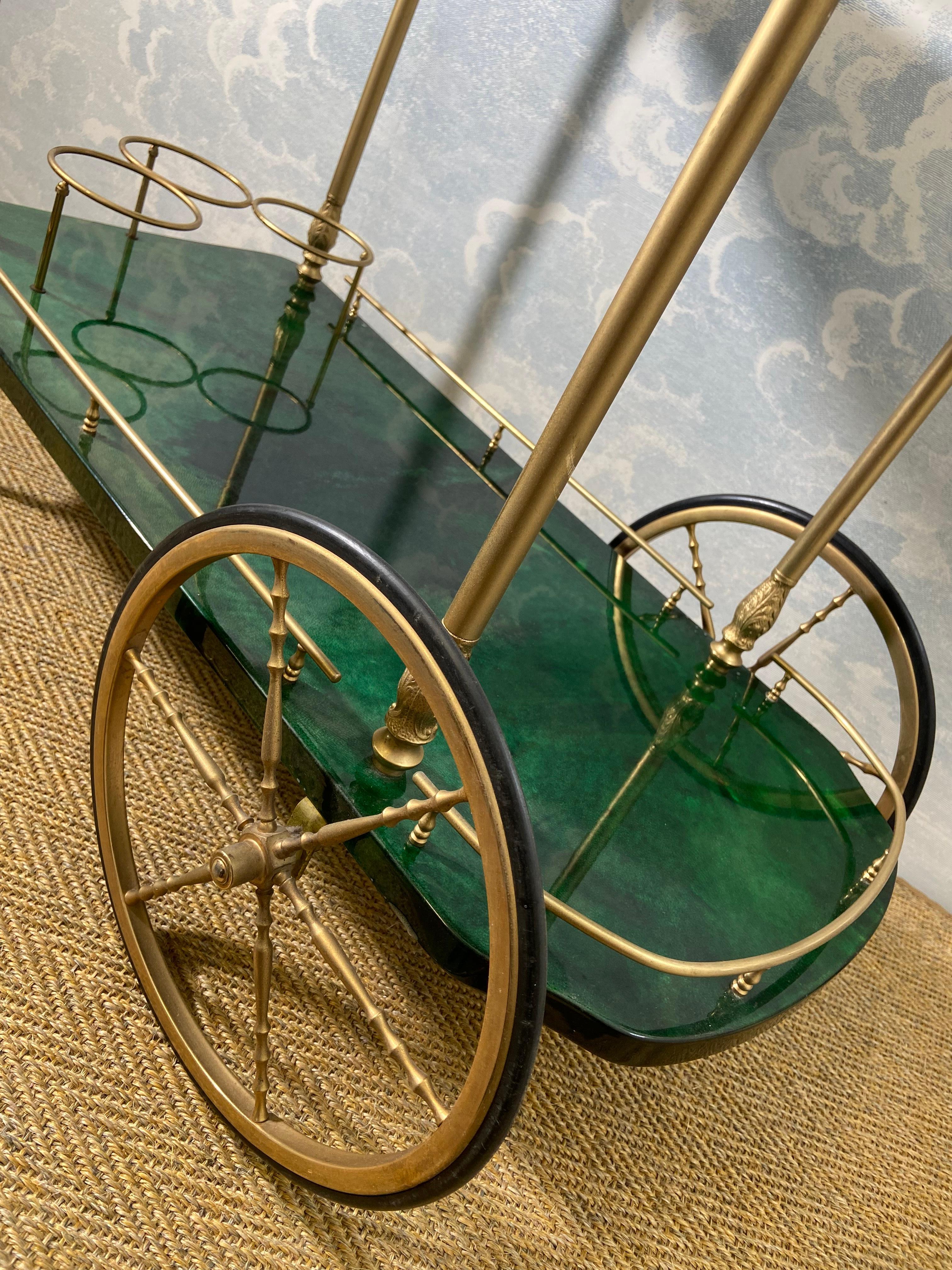 Mid-20th Century Dark Green Aldo Tura Bar Cart / Serving Trolley, Italy, 1960's