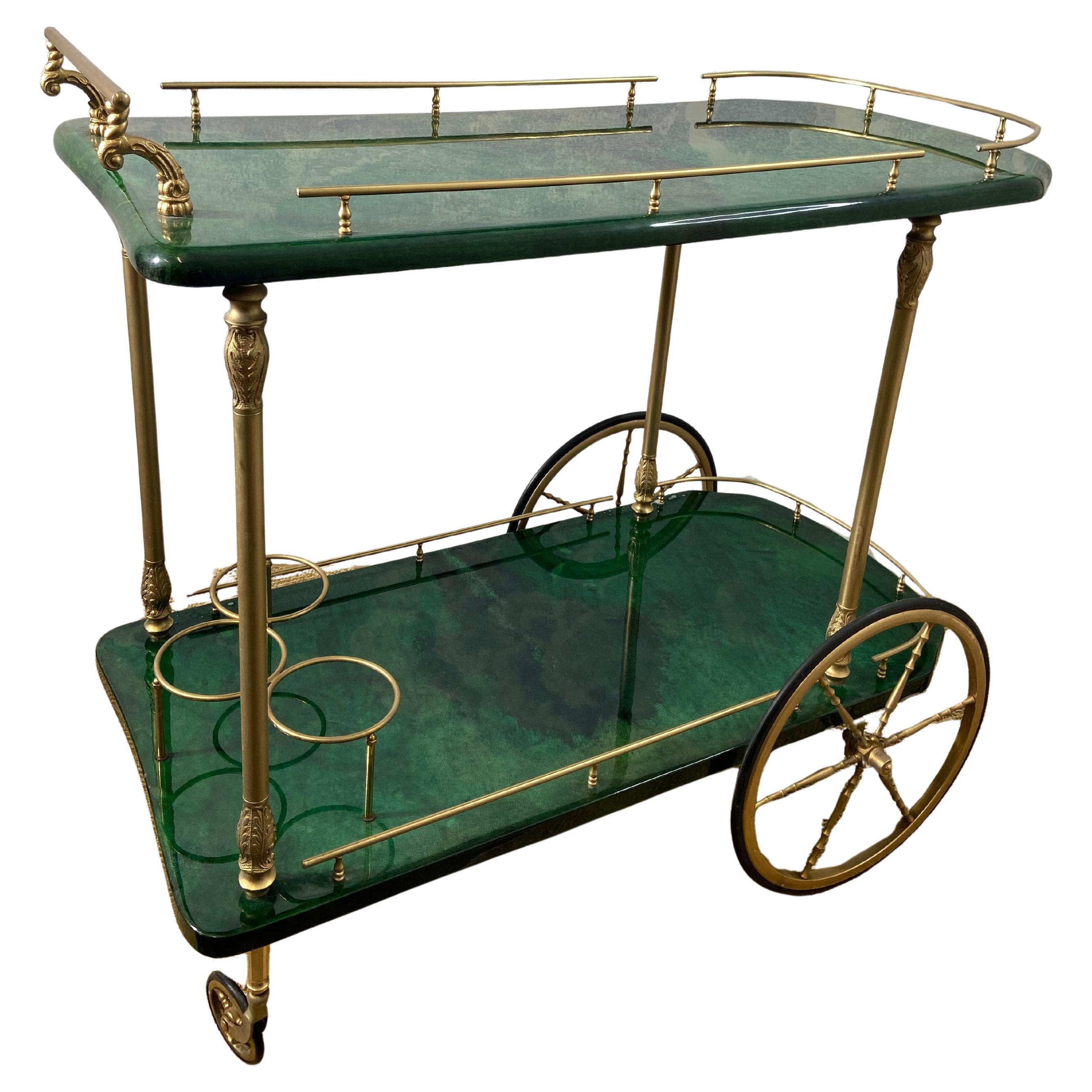 Dark Green Aldo Tura Bar Cart / Serving Trolley, Italy, 1960's