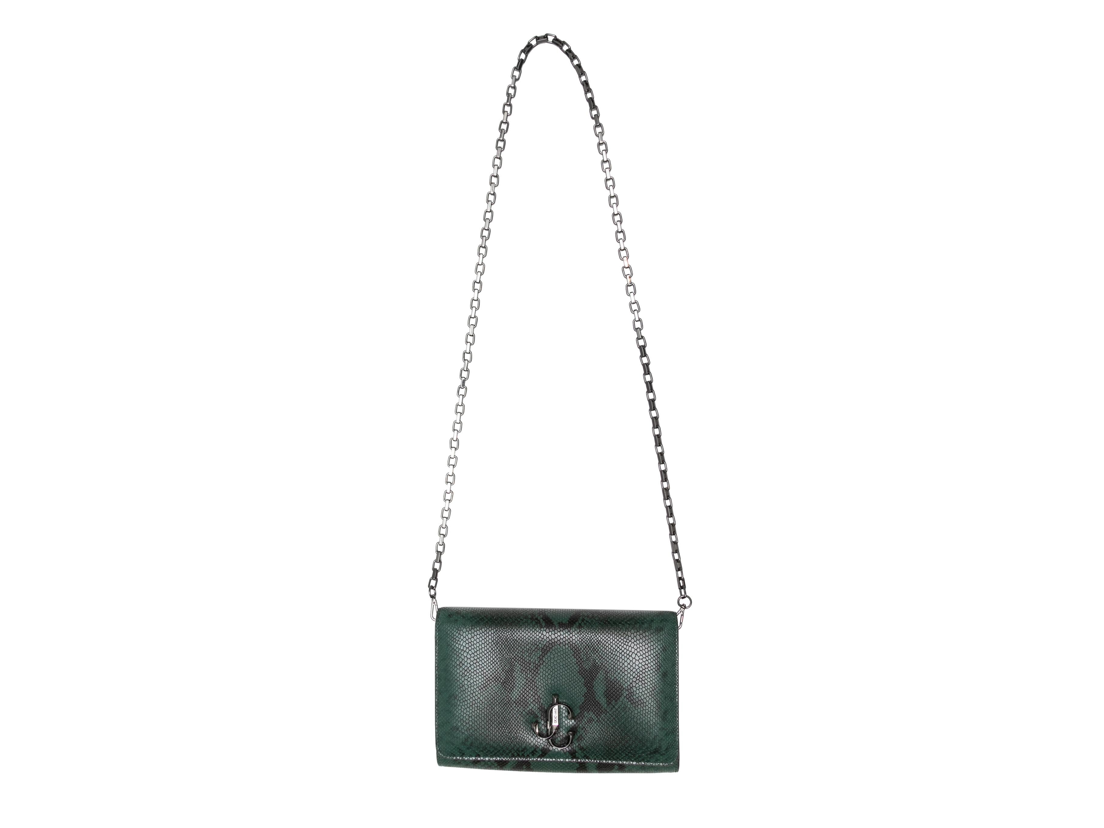 Dark Green & Black Jimmy Choo Embossed Leather Shoulder Bag. This shoulder bag features an embossed leather faux snakeskin body, gunmetal hardware, a single chain-link shoulder strap, and a front flap closure. 8.25