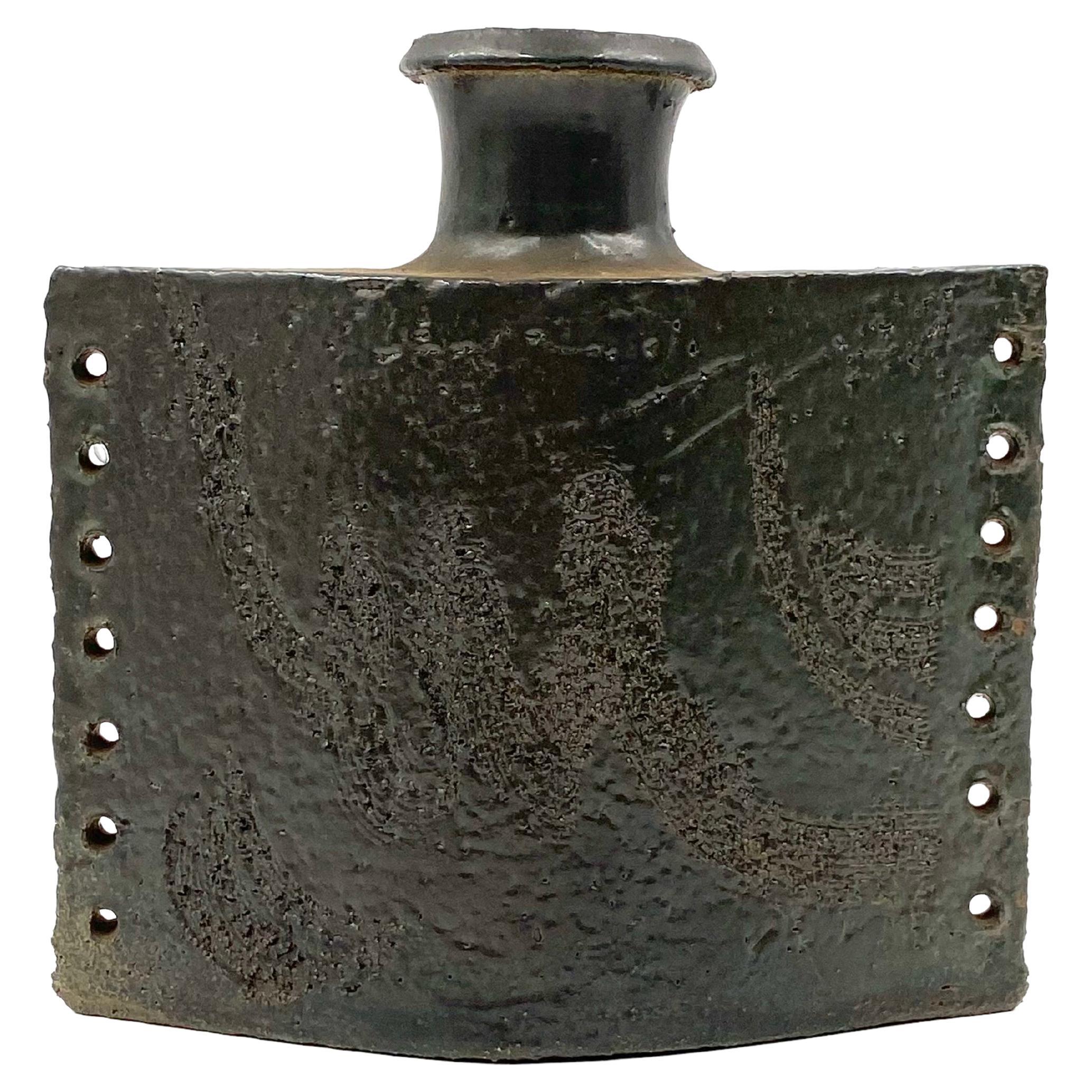 Dark green brutalist ceramic vase, Italy 1980s